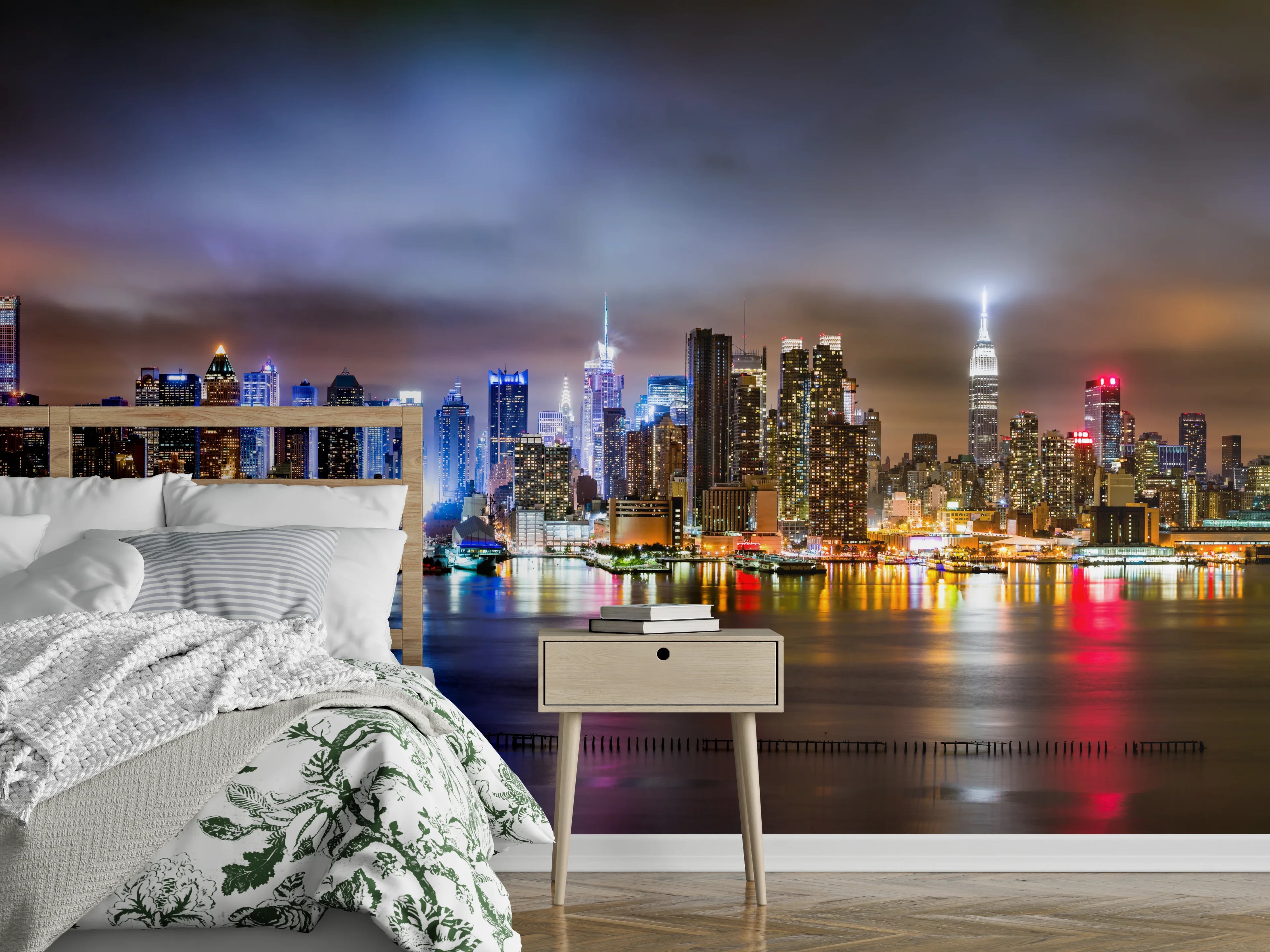 Wandverkleidung Schlafzimmer - Manhattan Skyline im nächtlichen Panorama