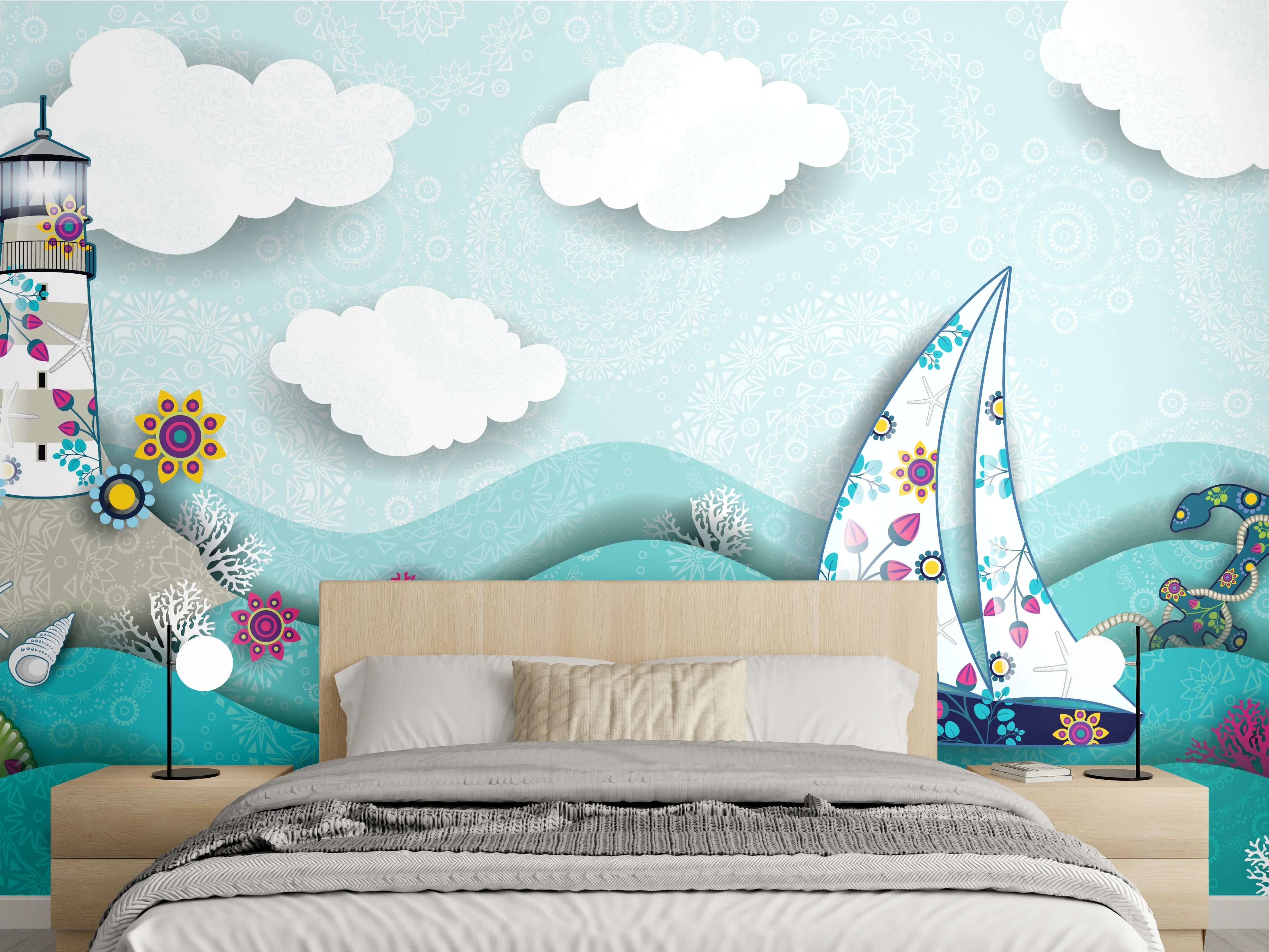 Wandverkleidung Schlafzimmer - Marines Motiv mit Leuchtturm und Boot
