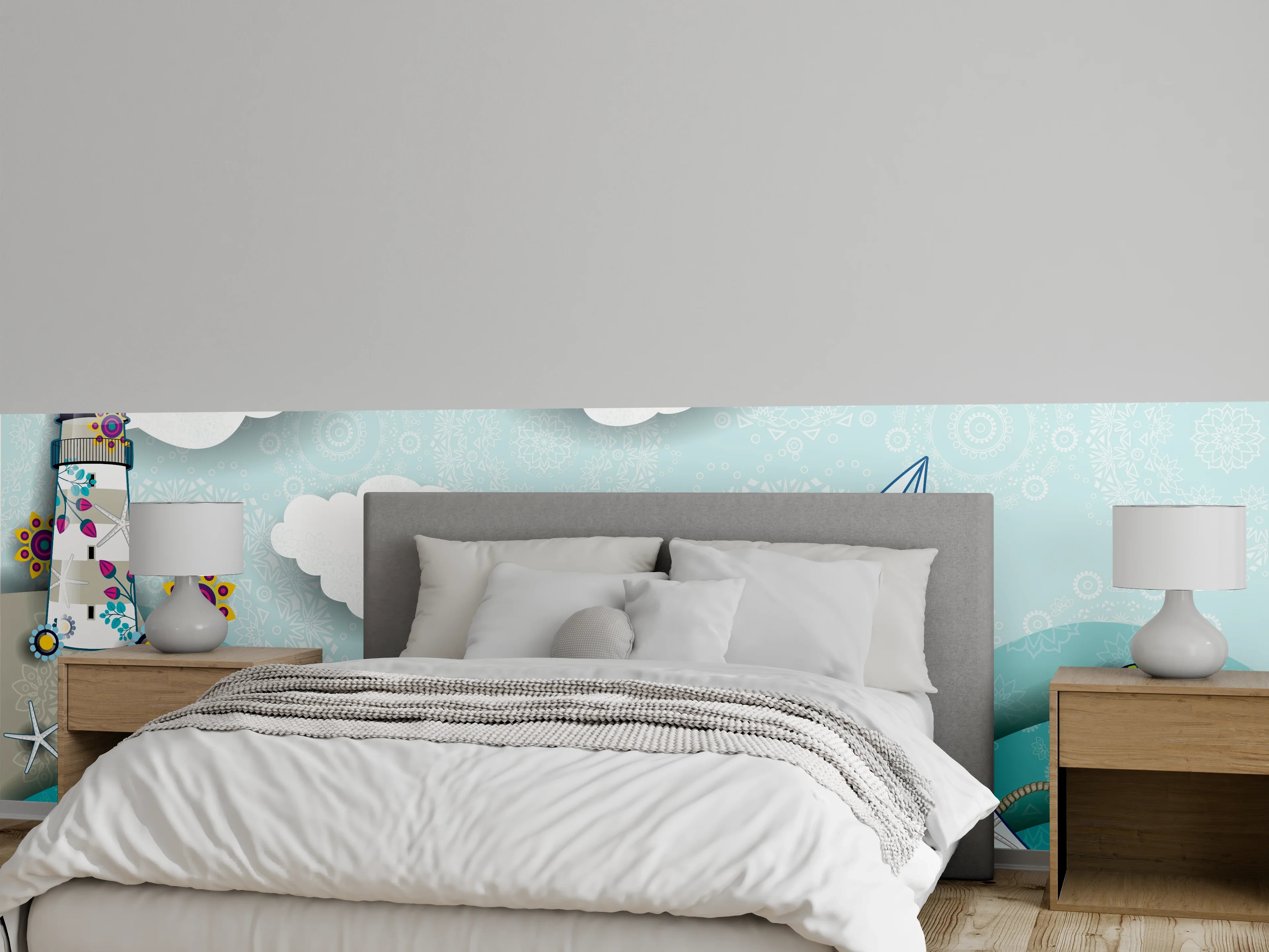 Wandverkleidung Schlafzimmer - Marines Motiv mit Leuchtturm und Boot