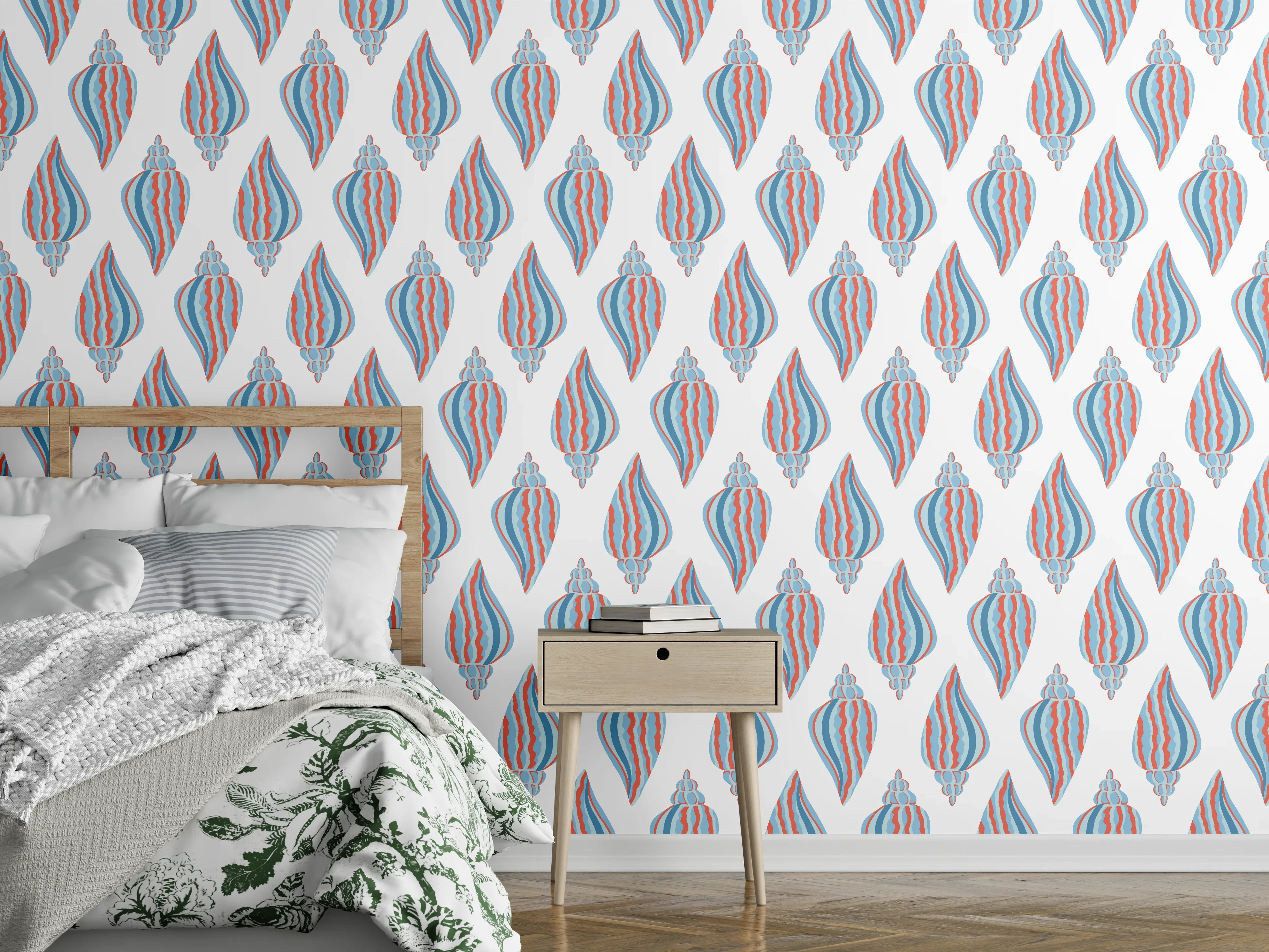 Wandverkleidung Schlafzimmer - Maritime Muscheln Weiß-Blau-Rot