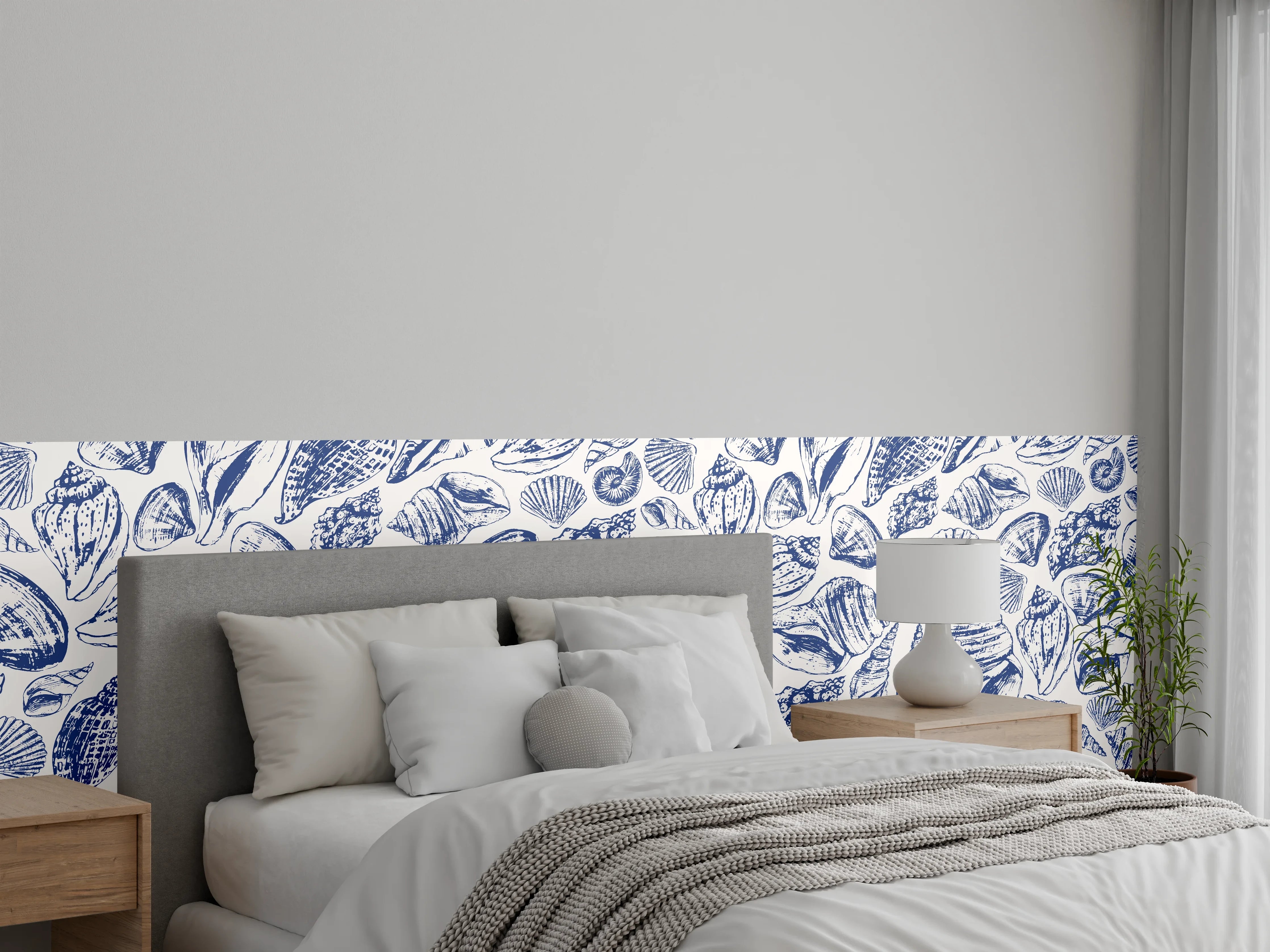 Wandverkleidung Schlafzimmer - Maritimes Muschelmuster Blau-Weiß