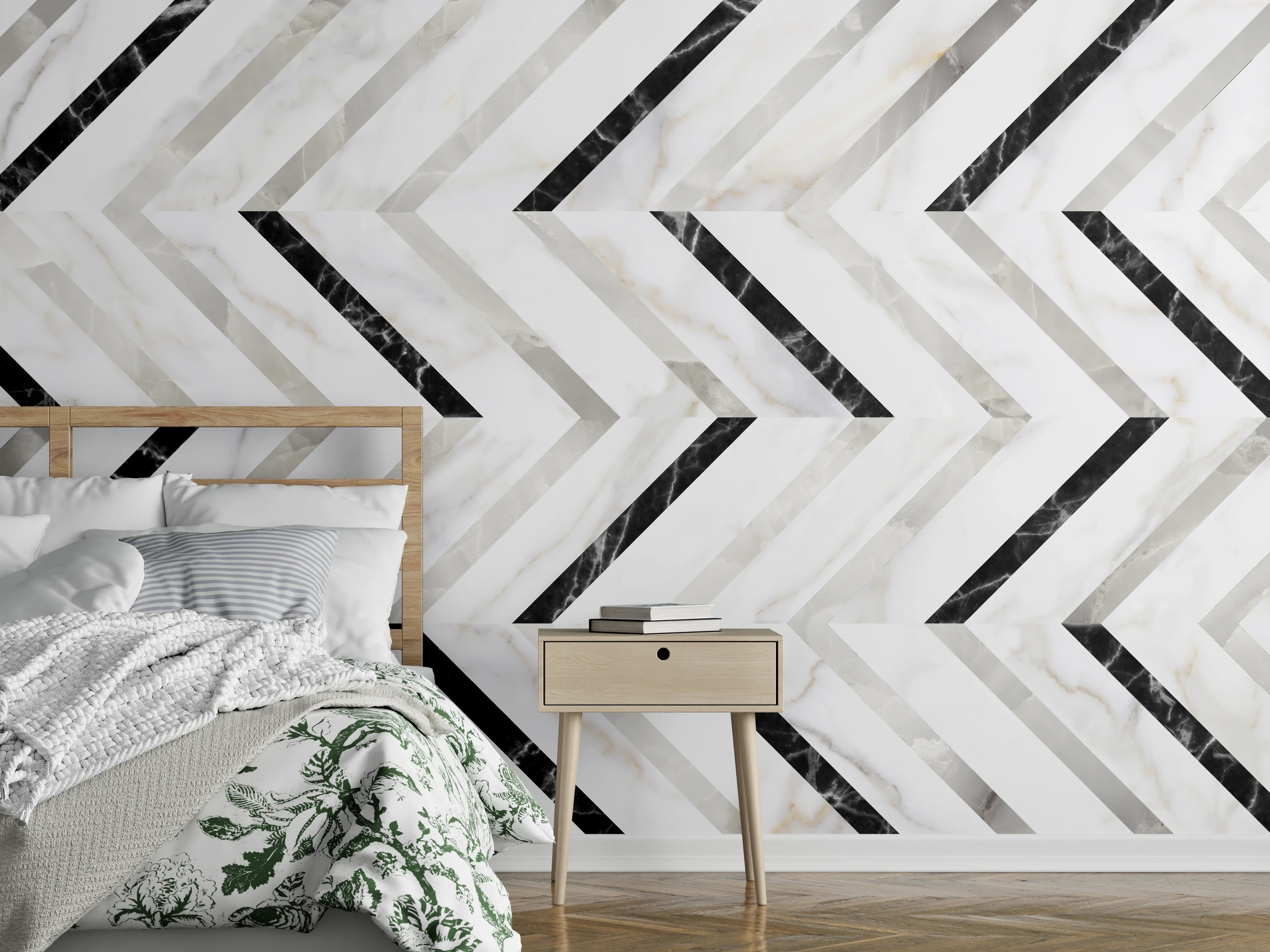 Wandverkleidung Schlafzimmer - Marmor Fischgrätenmuster