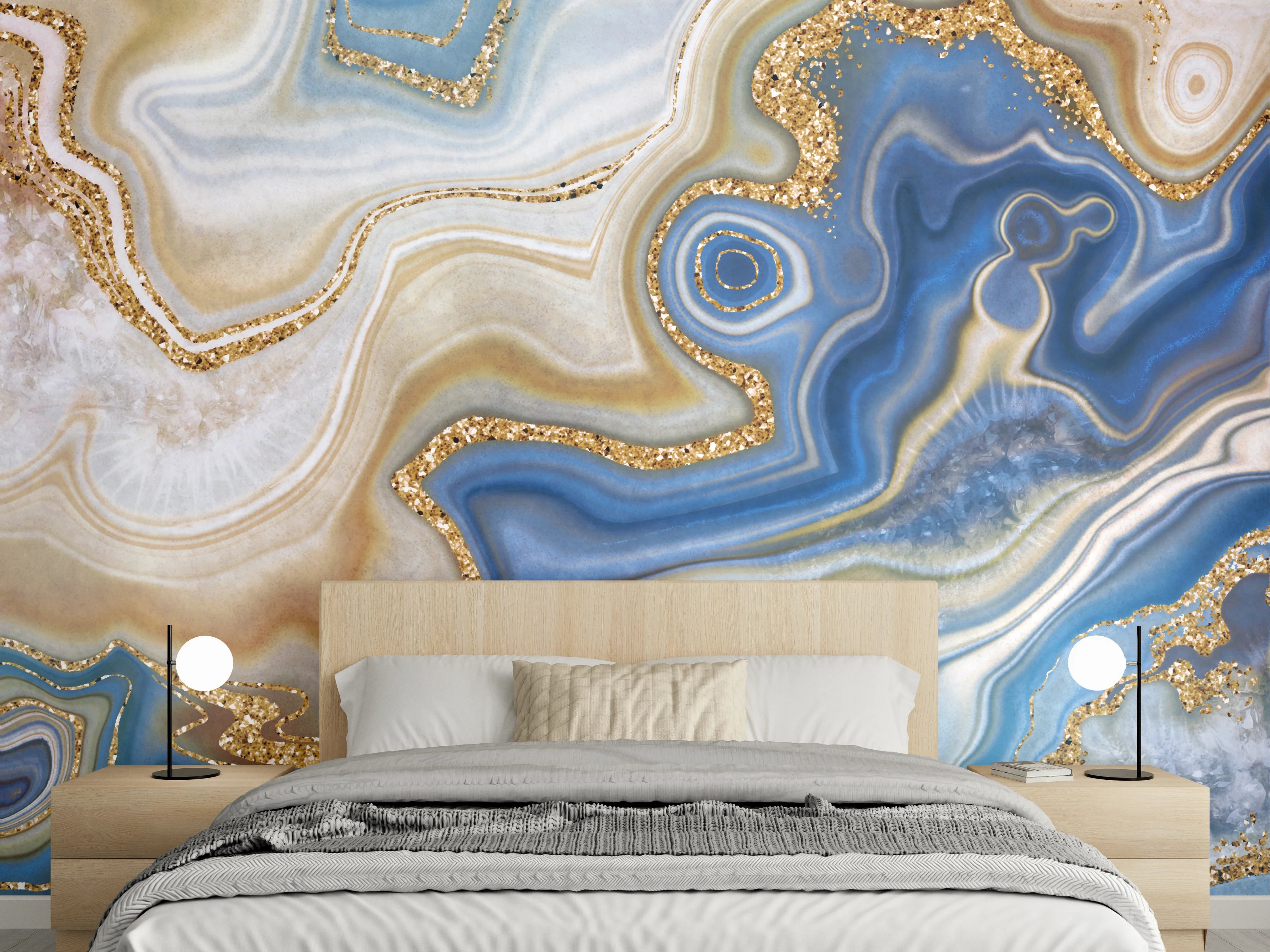 Wandverkleidung Schlafzimmer - Marmor Optik Blau Gold Wandbild