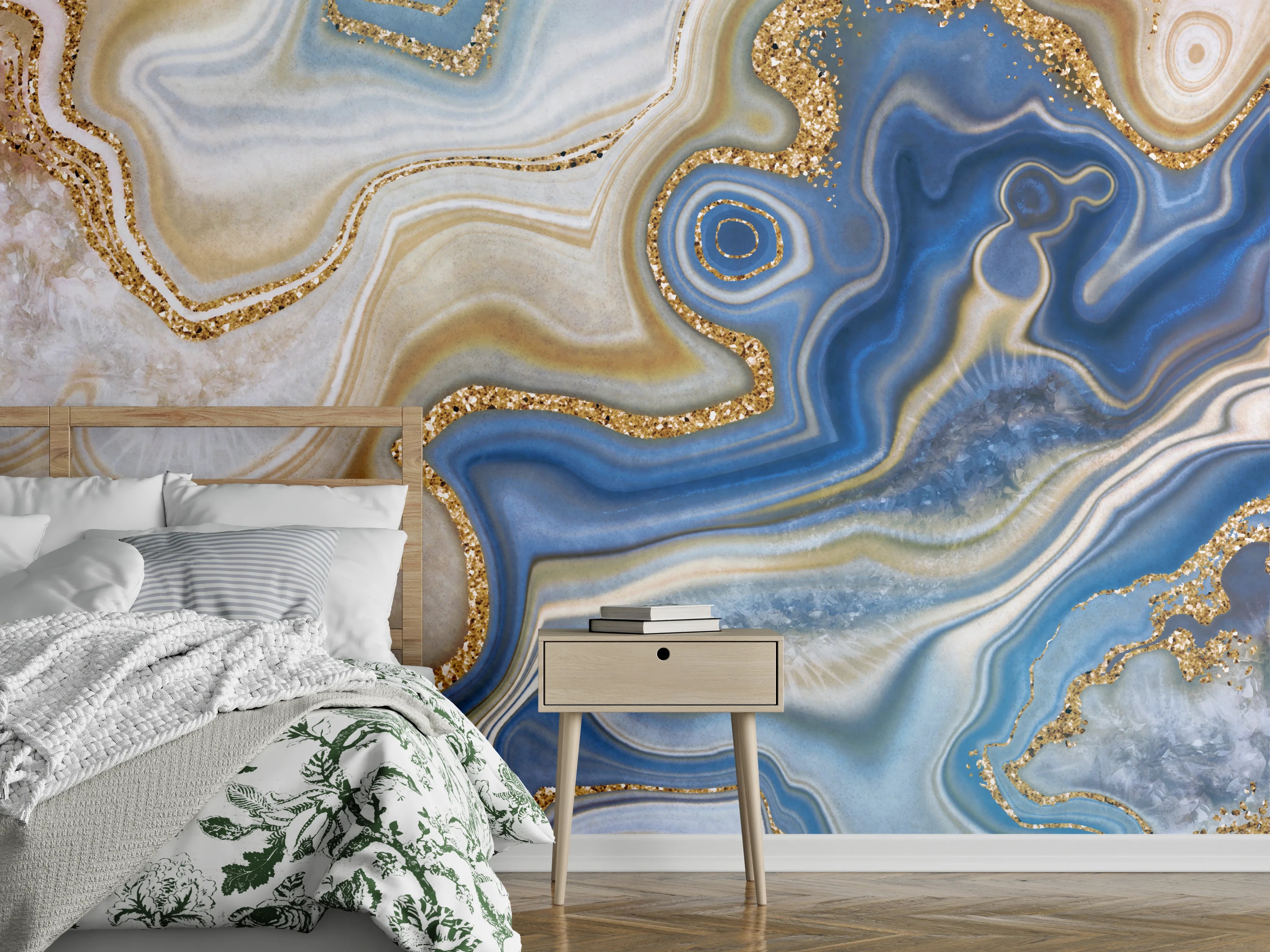 Wandverkleidung Schlafzimmer - Marmor Optik Blau Gold Wandbild