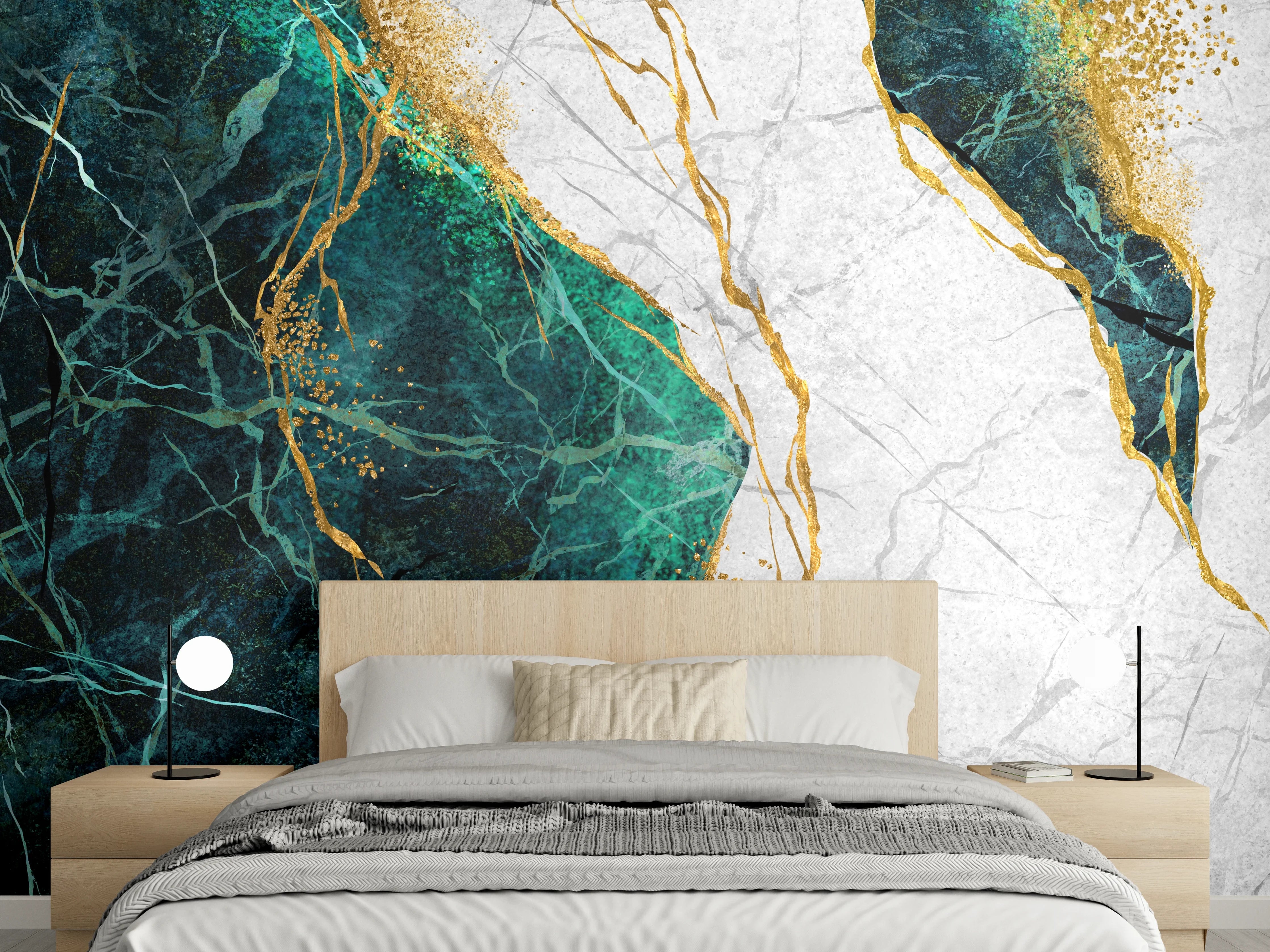 Wandverkleidung Schlafzimmer - Marmor-Optik mit Grün und Gold