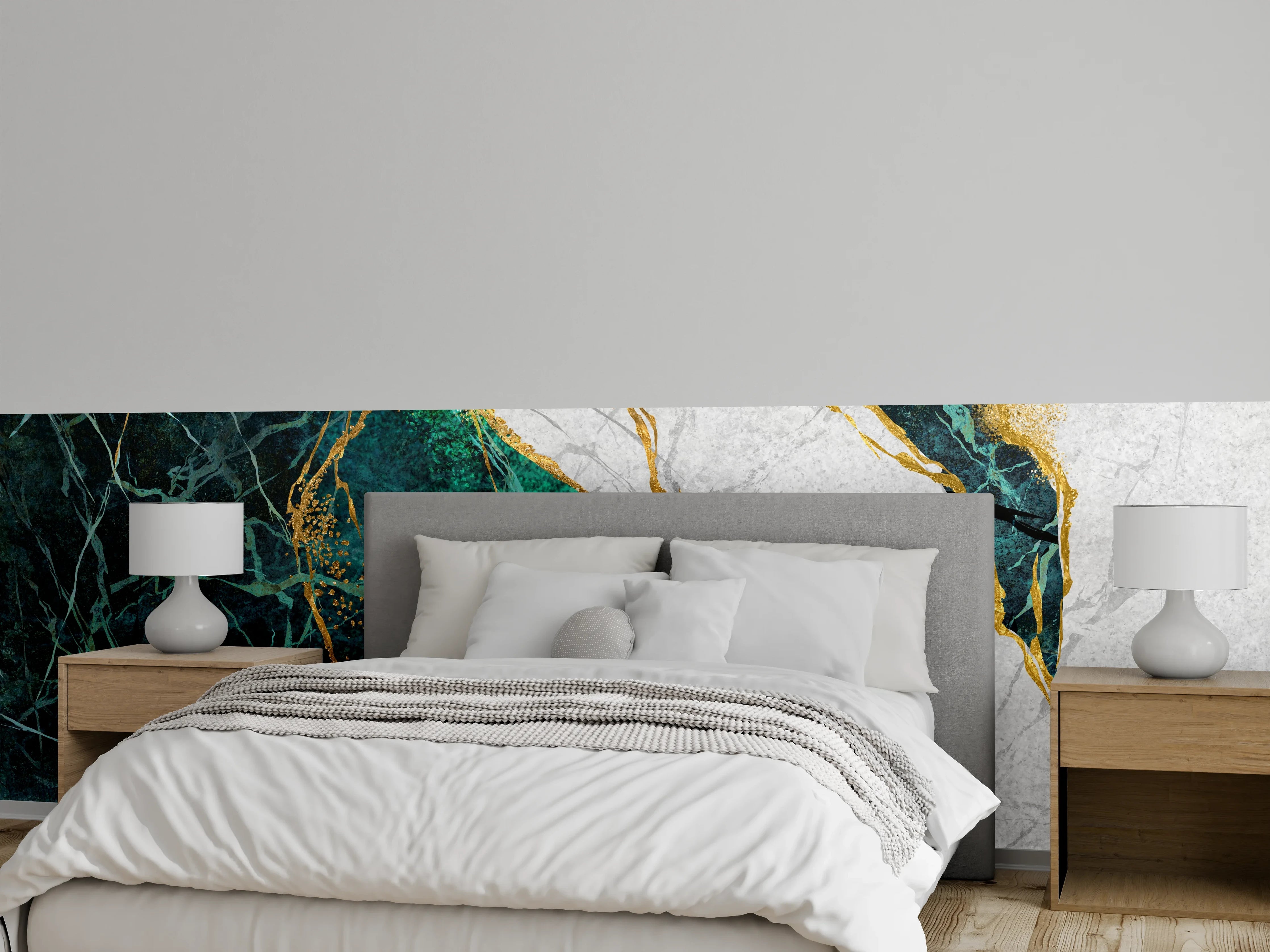Wandverkleidung Schlafzimmer - Marmor-Optik mit Grün und Gold