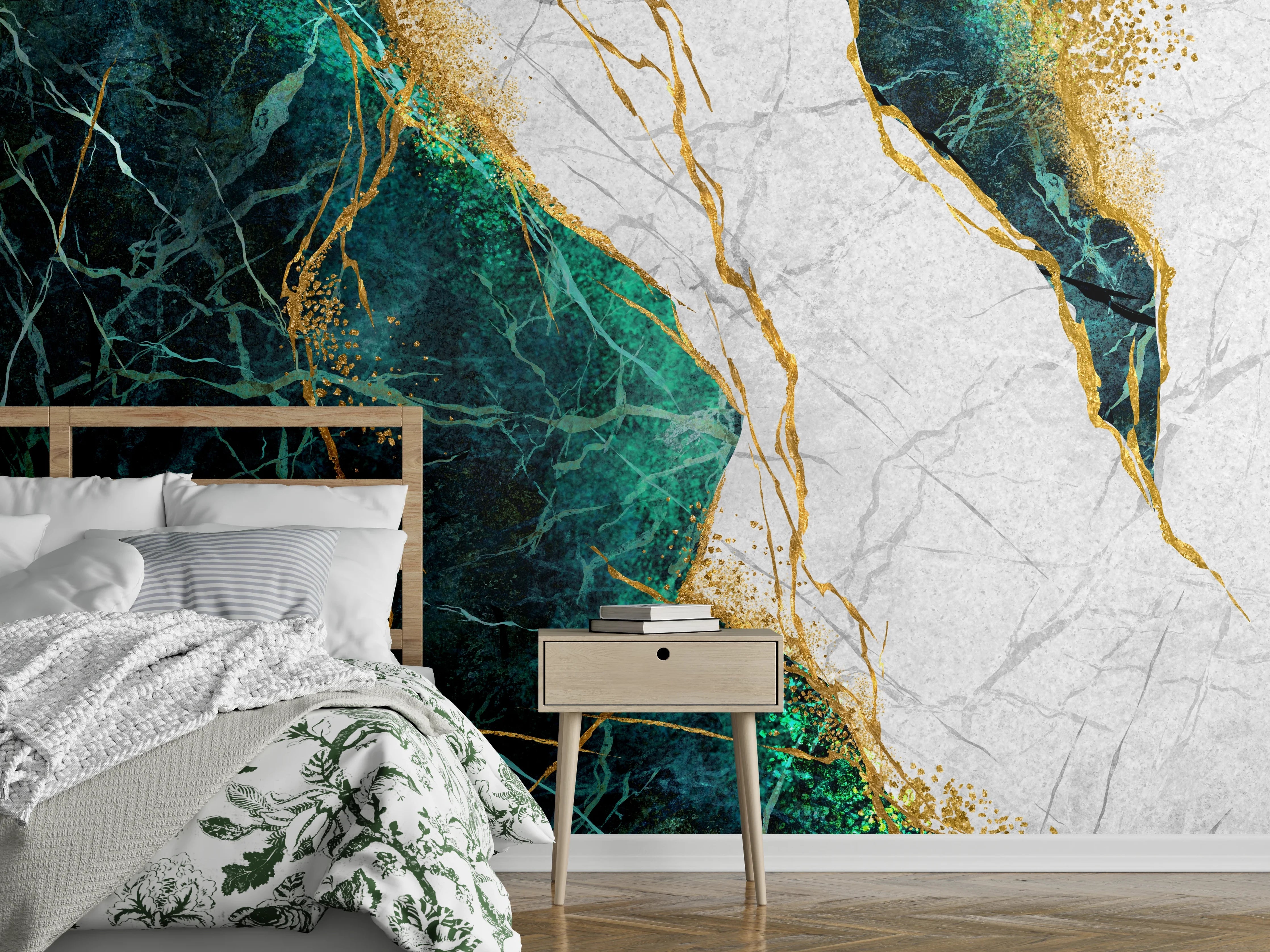 Wandverkleidung Schlafzimmer - Marmor-Optik mit Grün und Gold