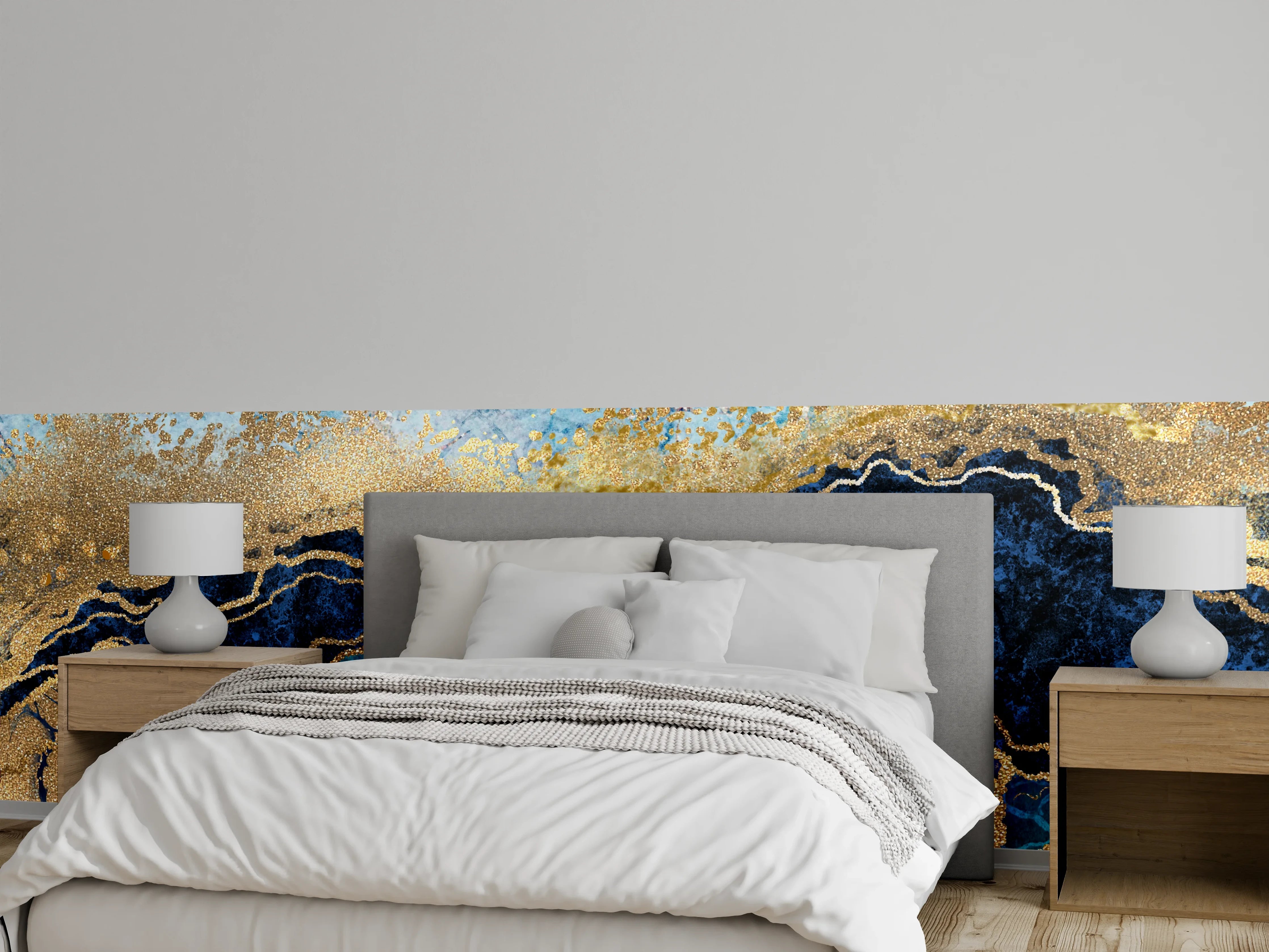 Wandverkleidung Schlafzimmer - Marmor-Optik: Blaue Gold-Akzente modern