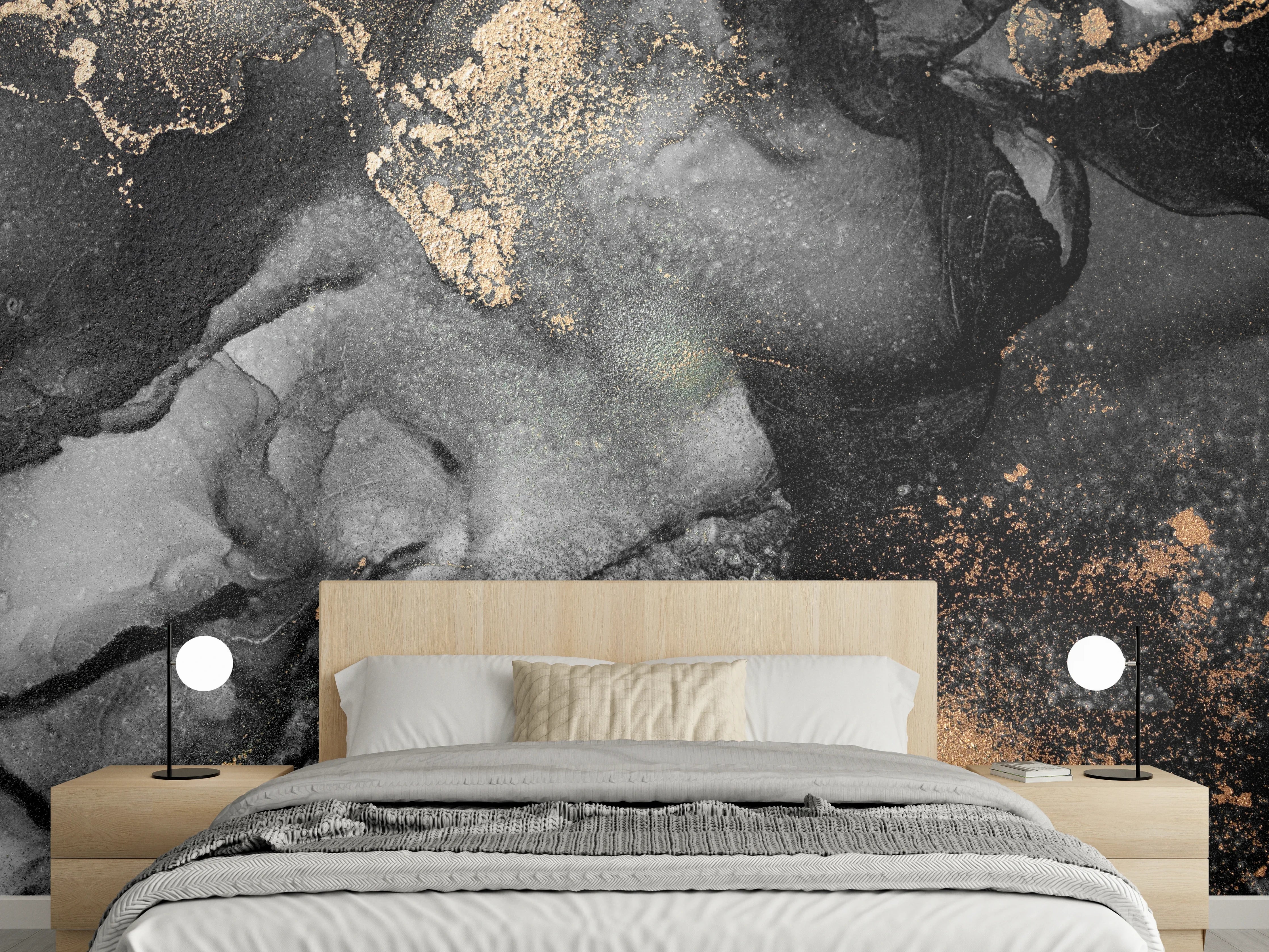Wandverkleidung Schlafzimmer - Marmoroptik Schwarz-Gold Abstraktes Design
