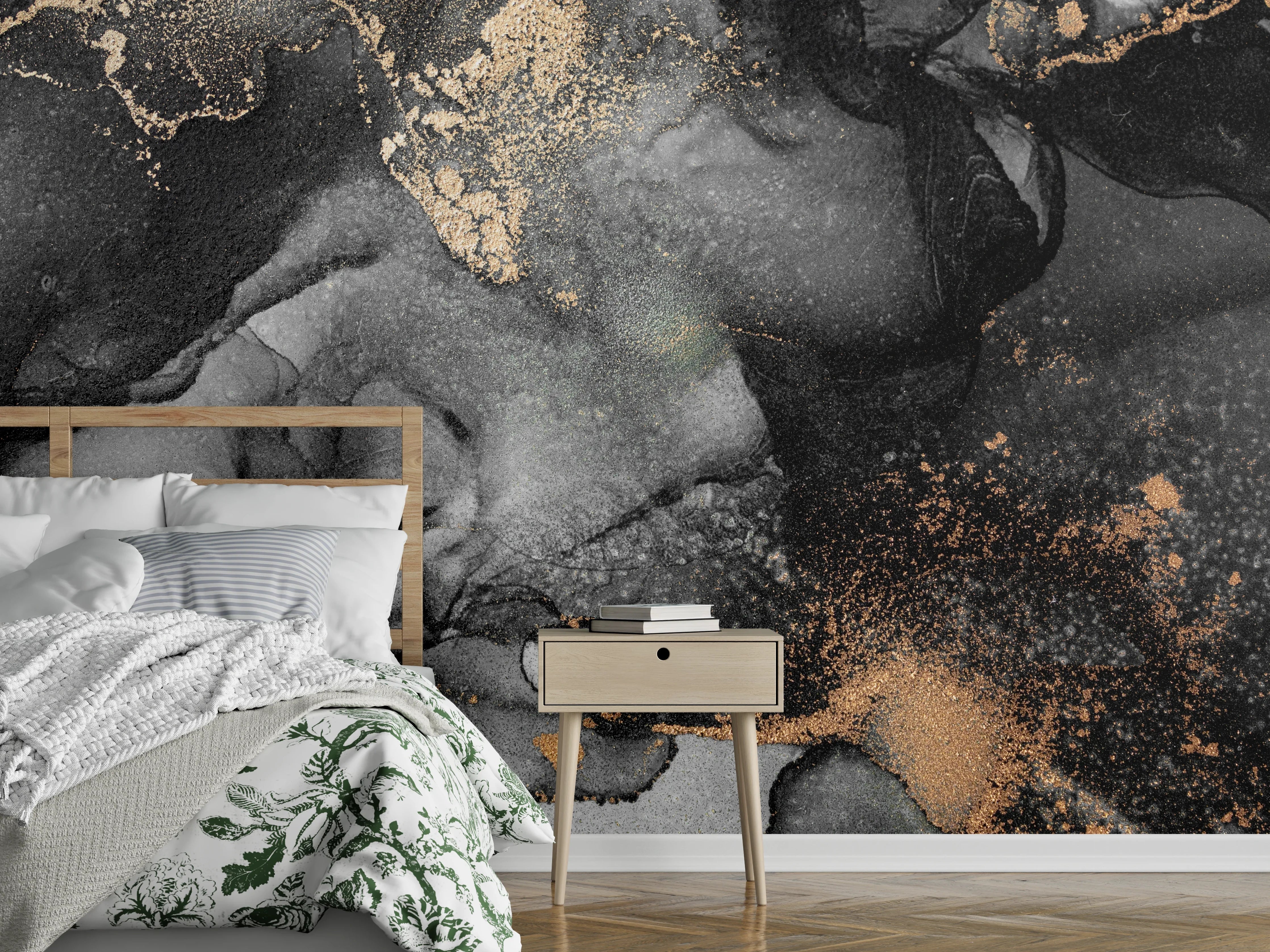 Wandverkleidung Schlafzimmer - Marmoroptik Schwarz-Gold Abstraktes Design