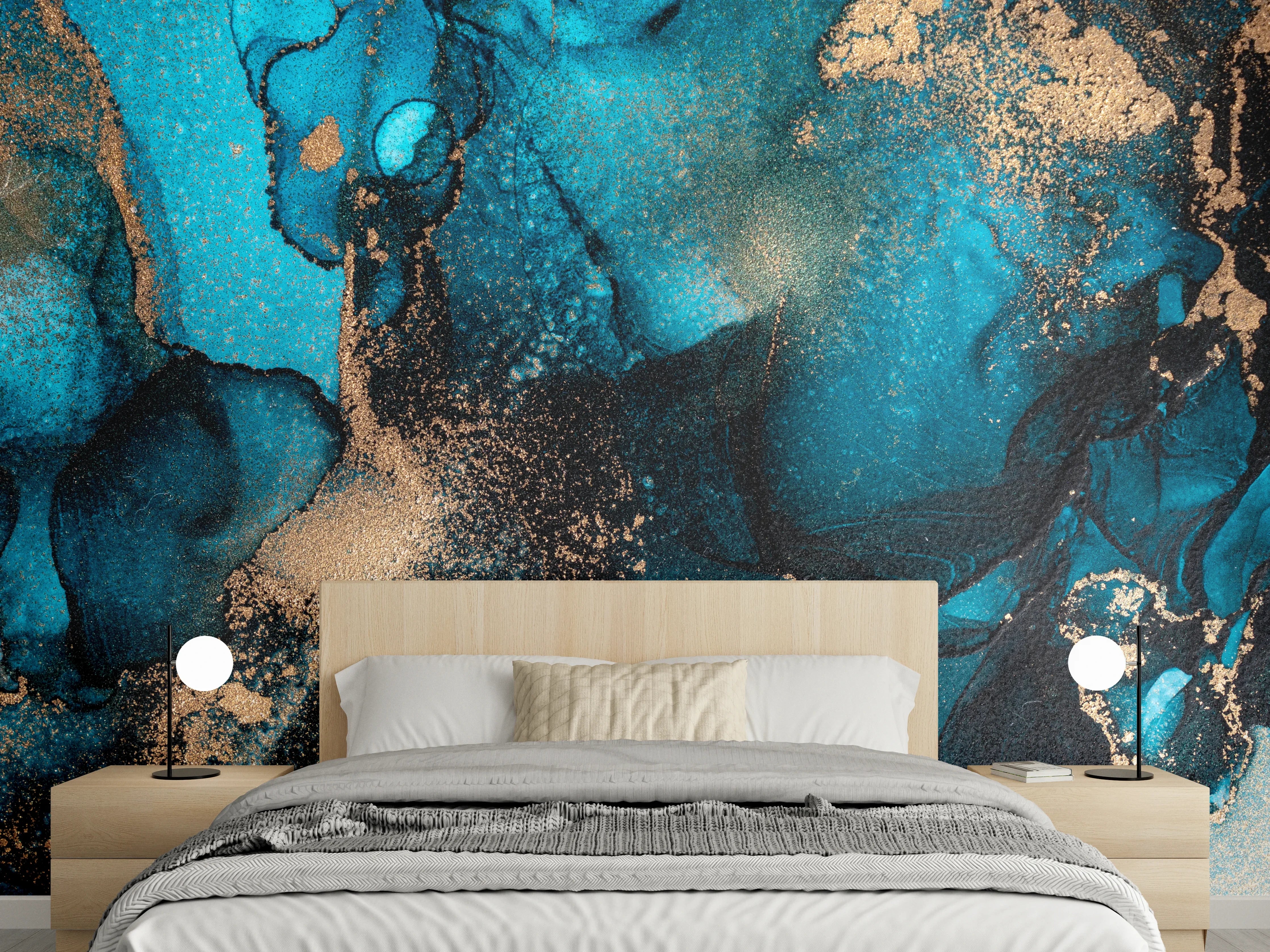 Wandverkleidung Schlafzimmer - Marmoroptik in Türkis und Gold