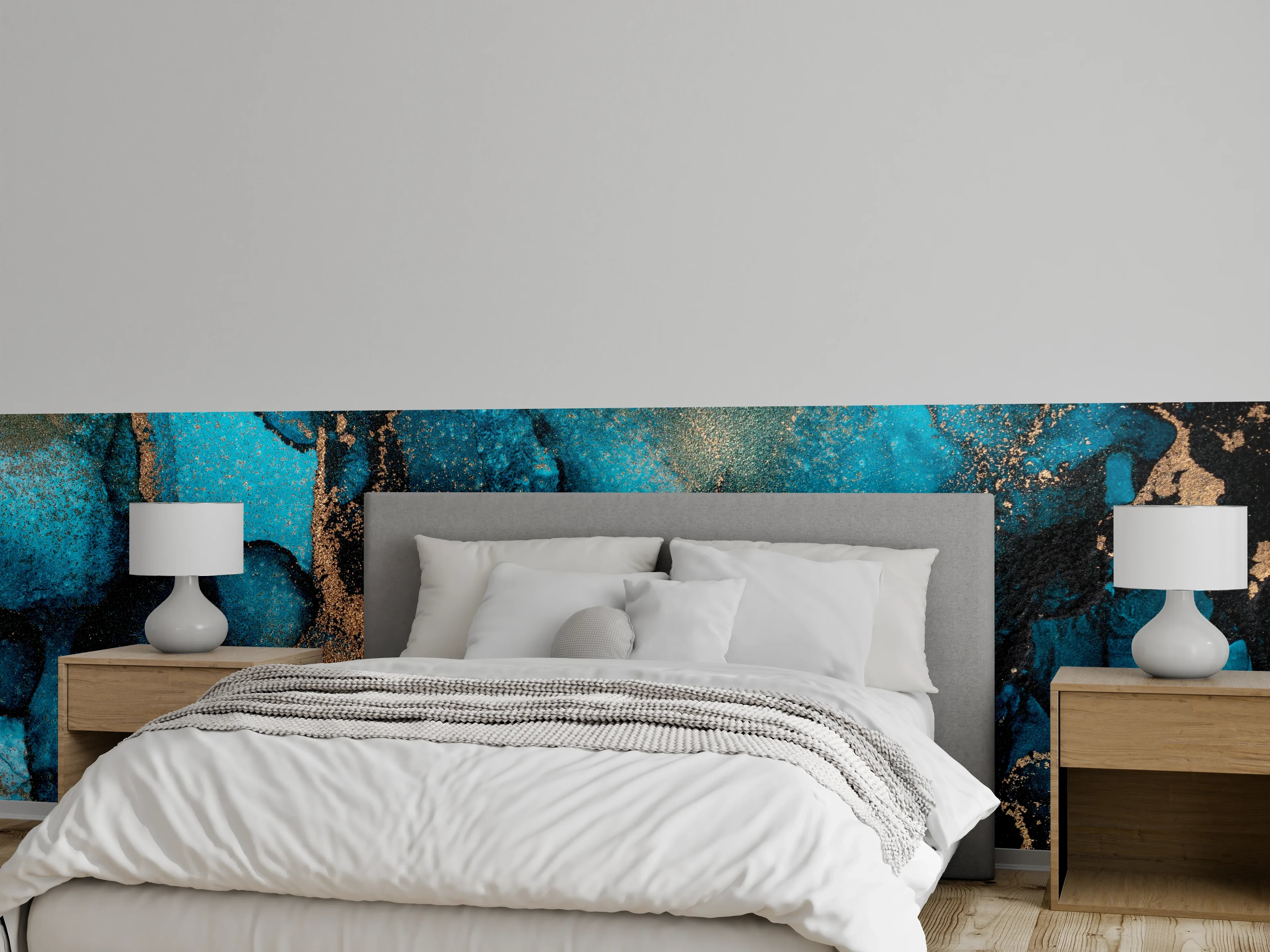Wandverkleidung Schlafzimmer - Marmoroptik in Türkis und Gold