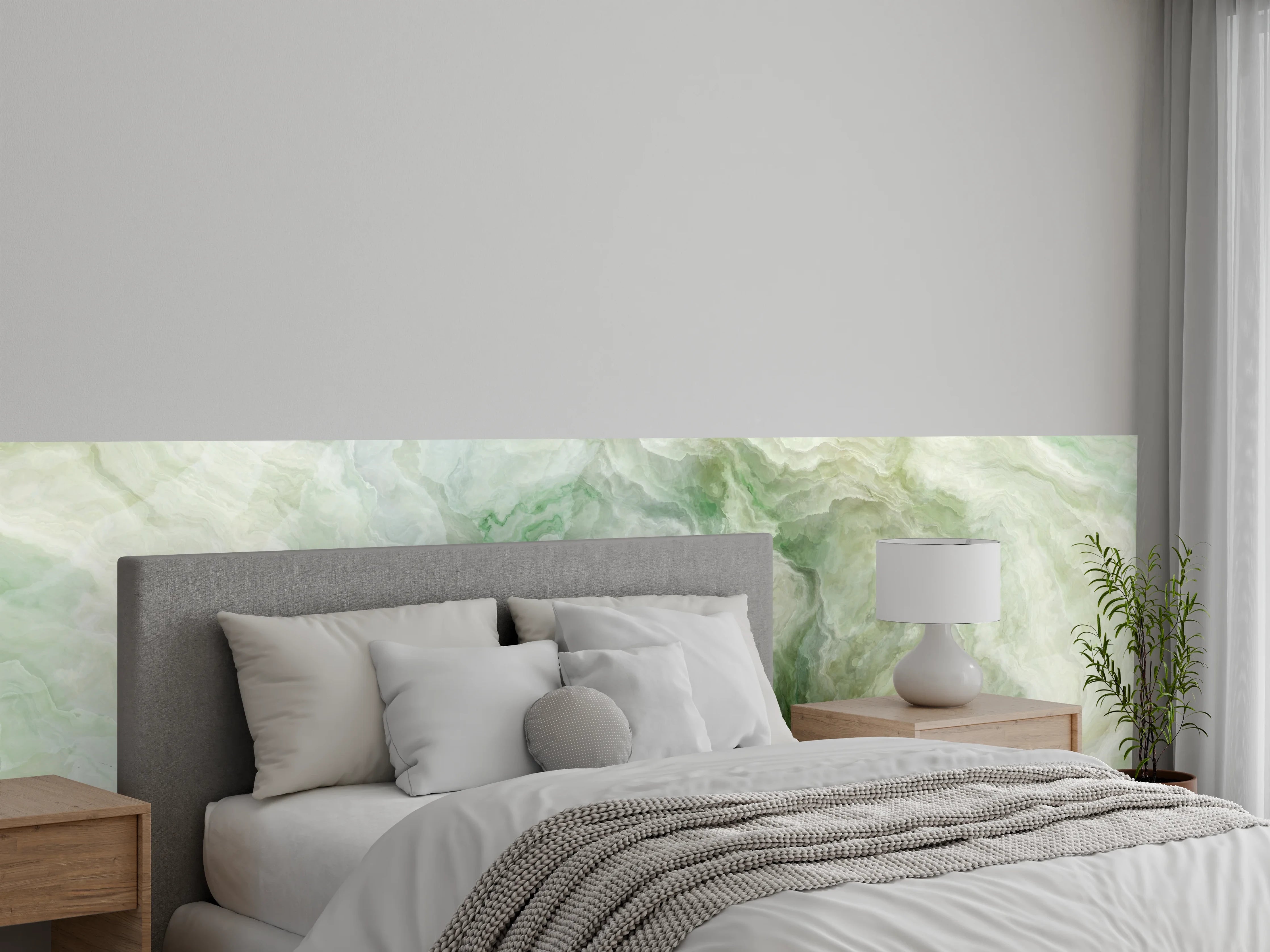 Wandverkleidung Schlafzimmer - Marmoroptik in sanftem Weiß-Grün