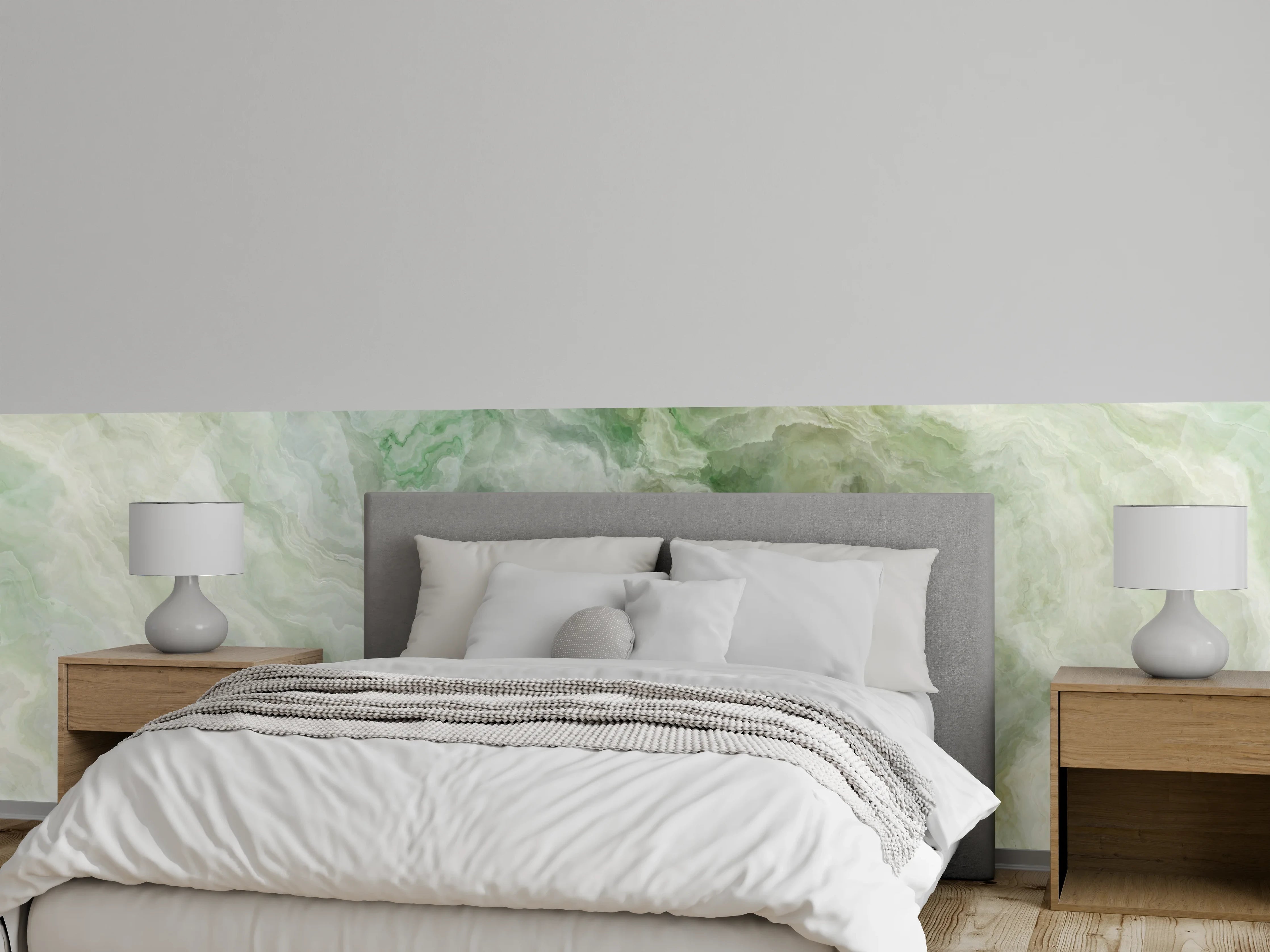 Wandverkleidung Schlafzimmer - Marmoroptik in sanftem Weiß-Grün