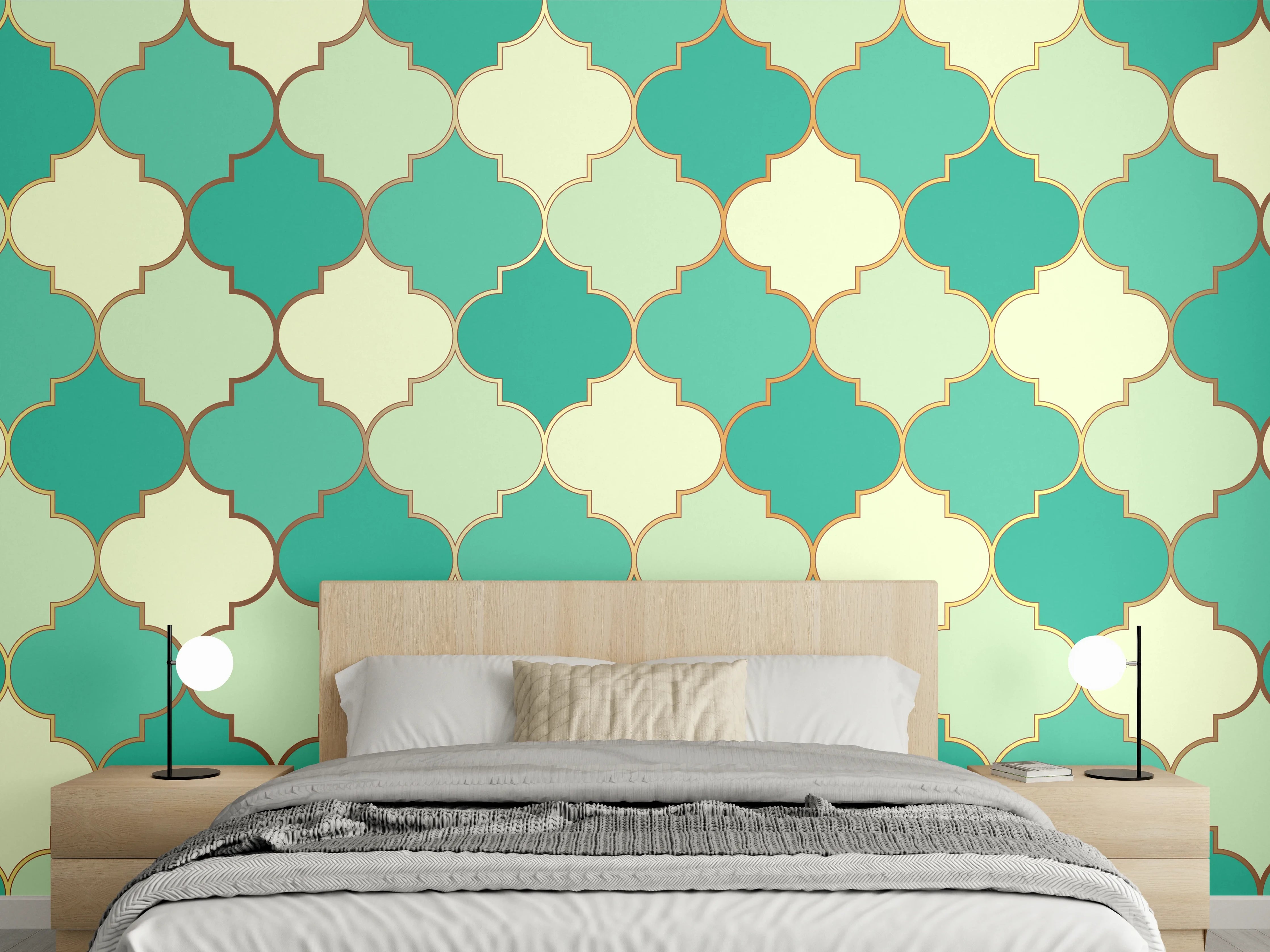 Wandverkleidung Schlafzimmer - Marokkanisches Türkis-Beige Muster