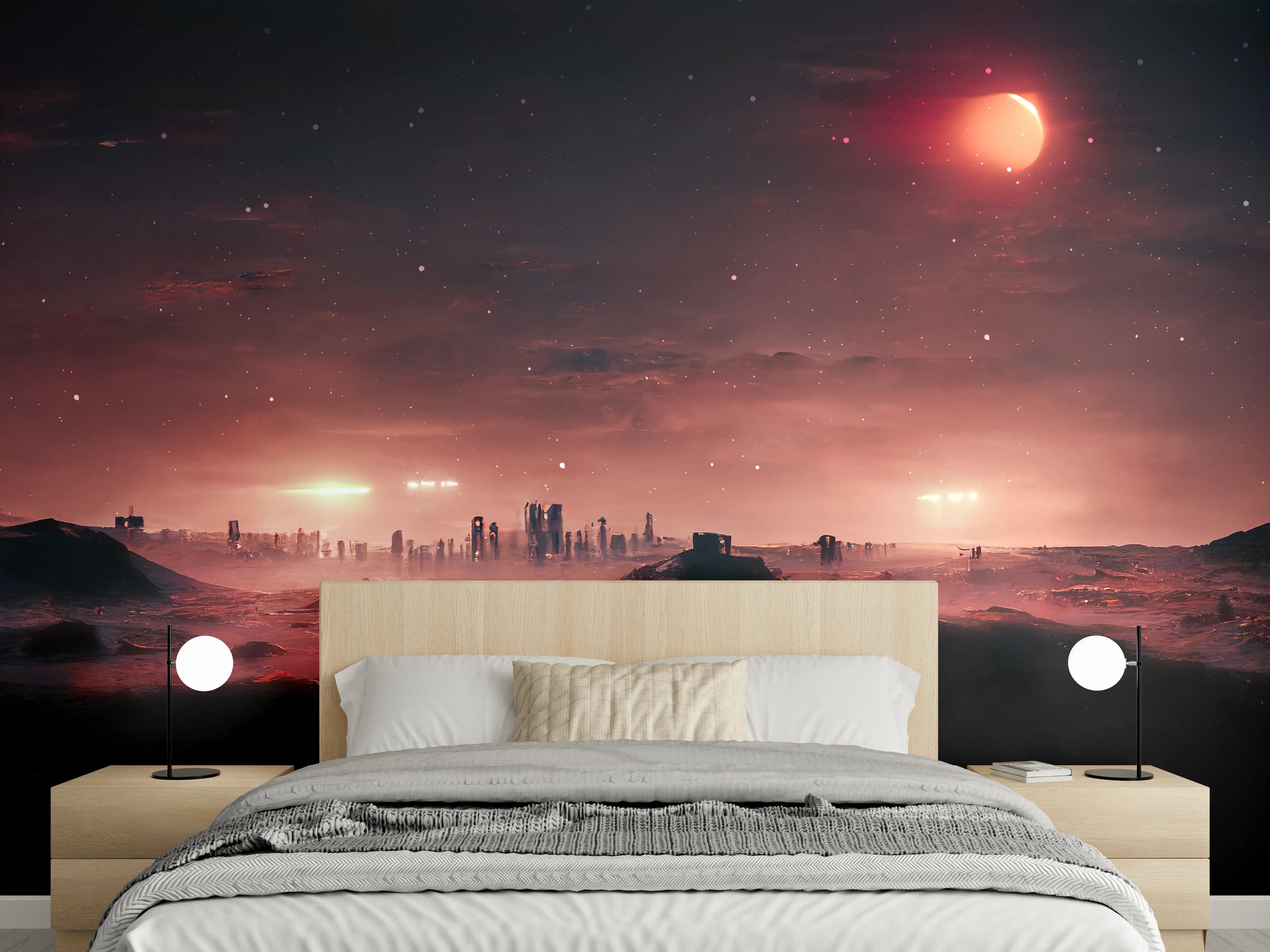 Wandverkleidung Schlafzimmer - Mars Skyline – Sci-Fi Stadtmotiv