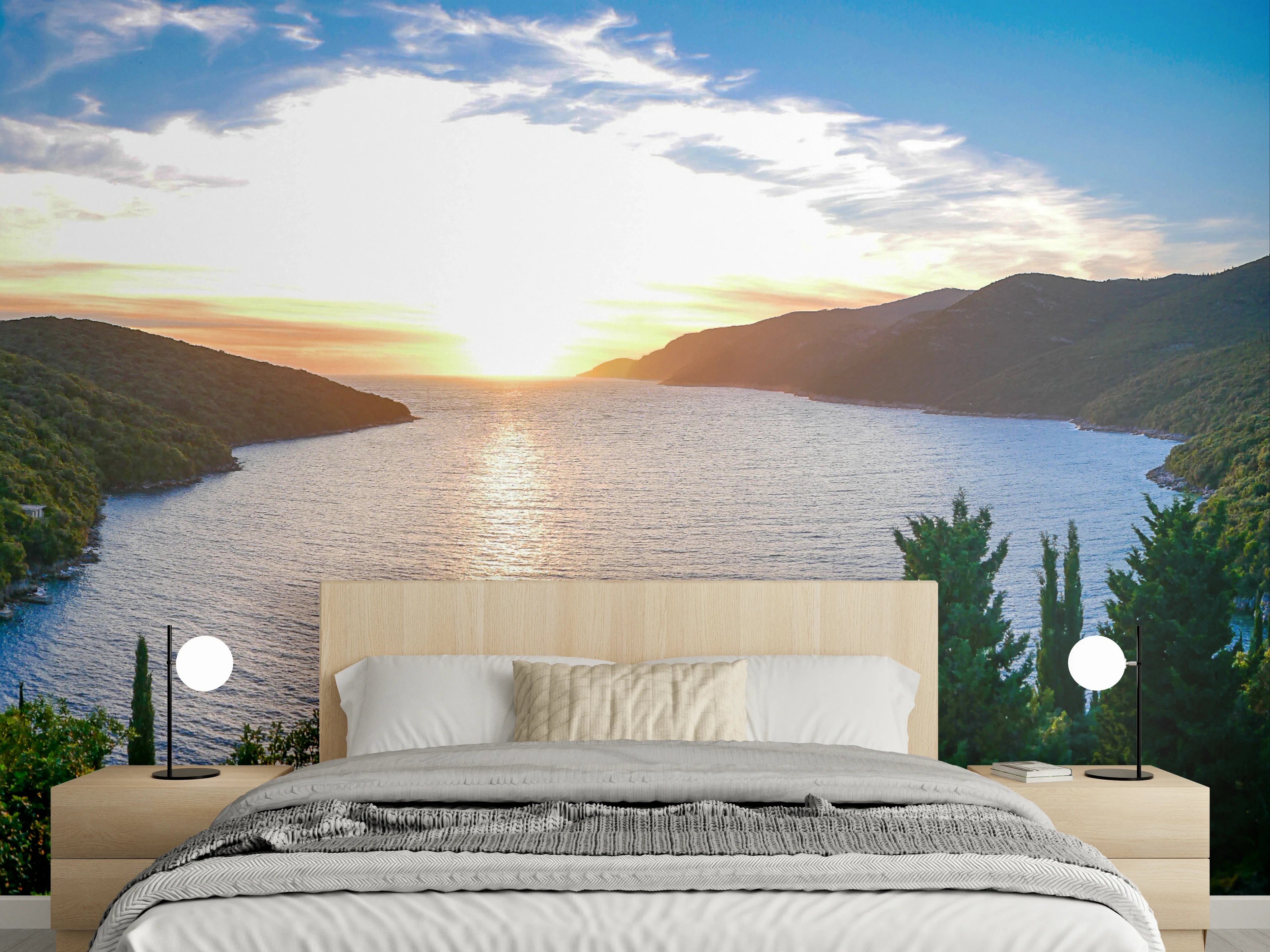 Wandverkleidung Schlafzimmer - Mediterrane Bucht bei Sonnenuntergang Panorama