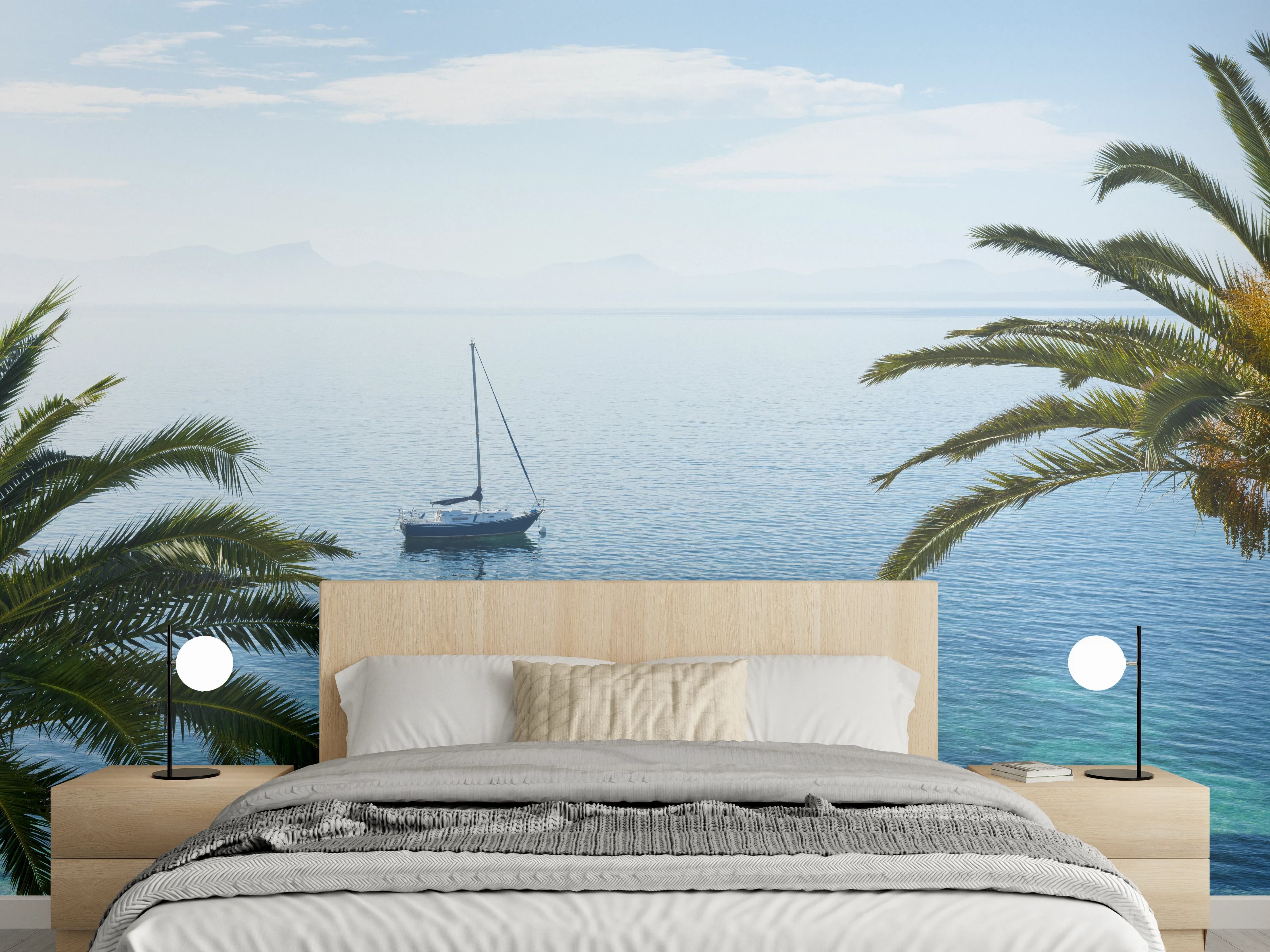 Wandverkleidung Schlafzimmer - Mediterraner Seeblick mit Segelboot