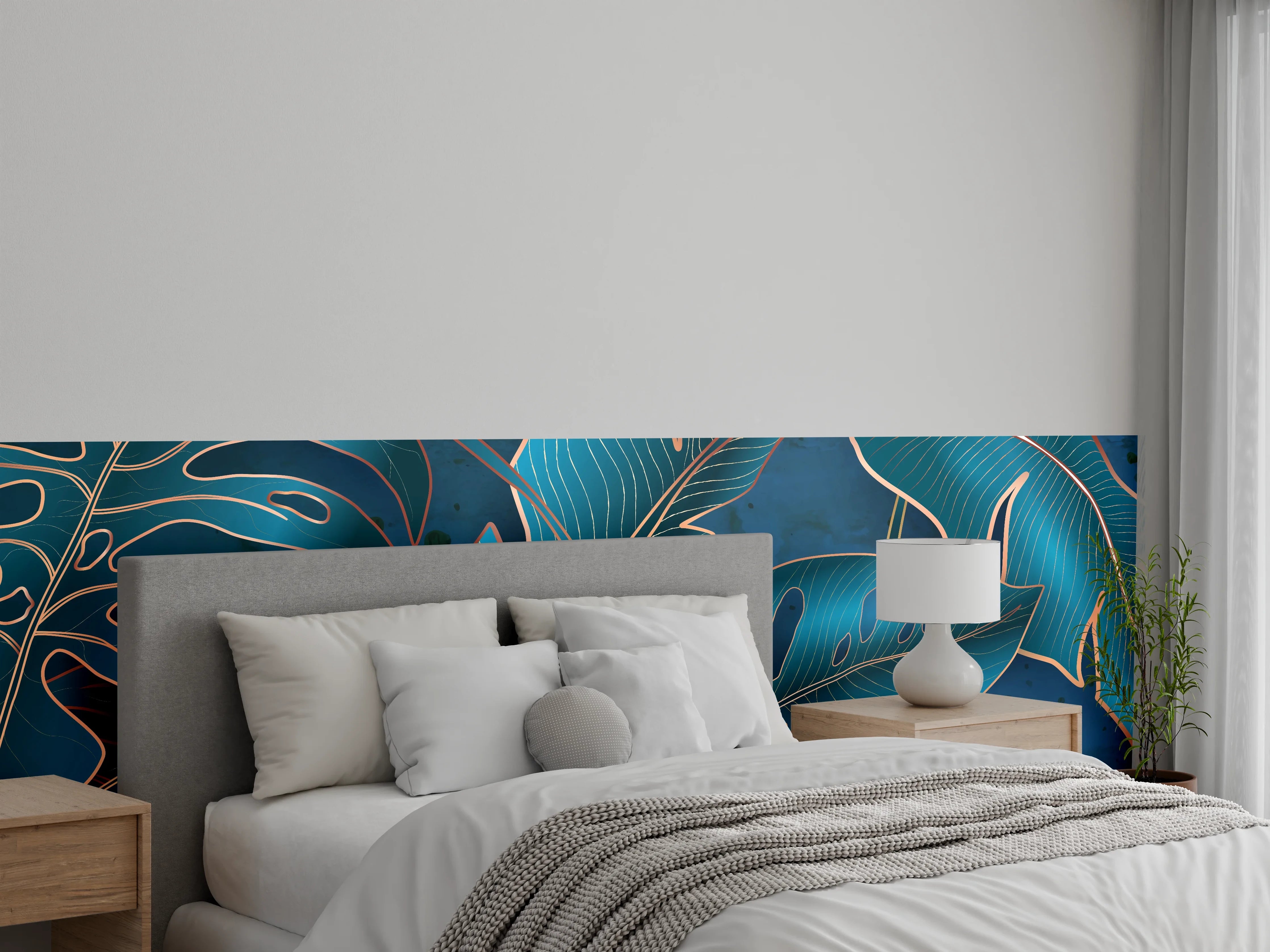 Wandverkleidung Schlafzimmer - Metallisch-blaues Pflanzenmuster
