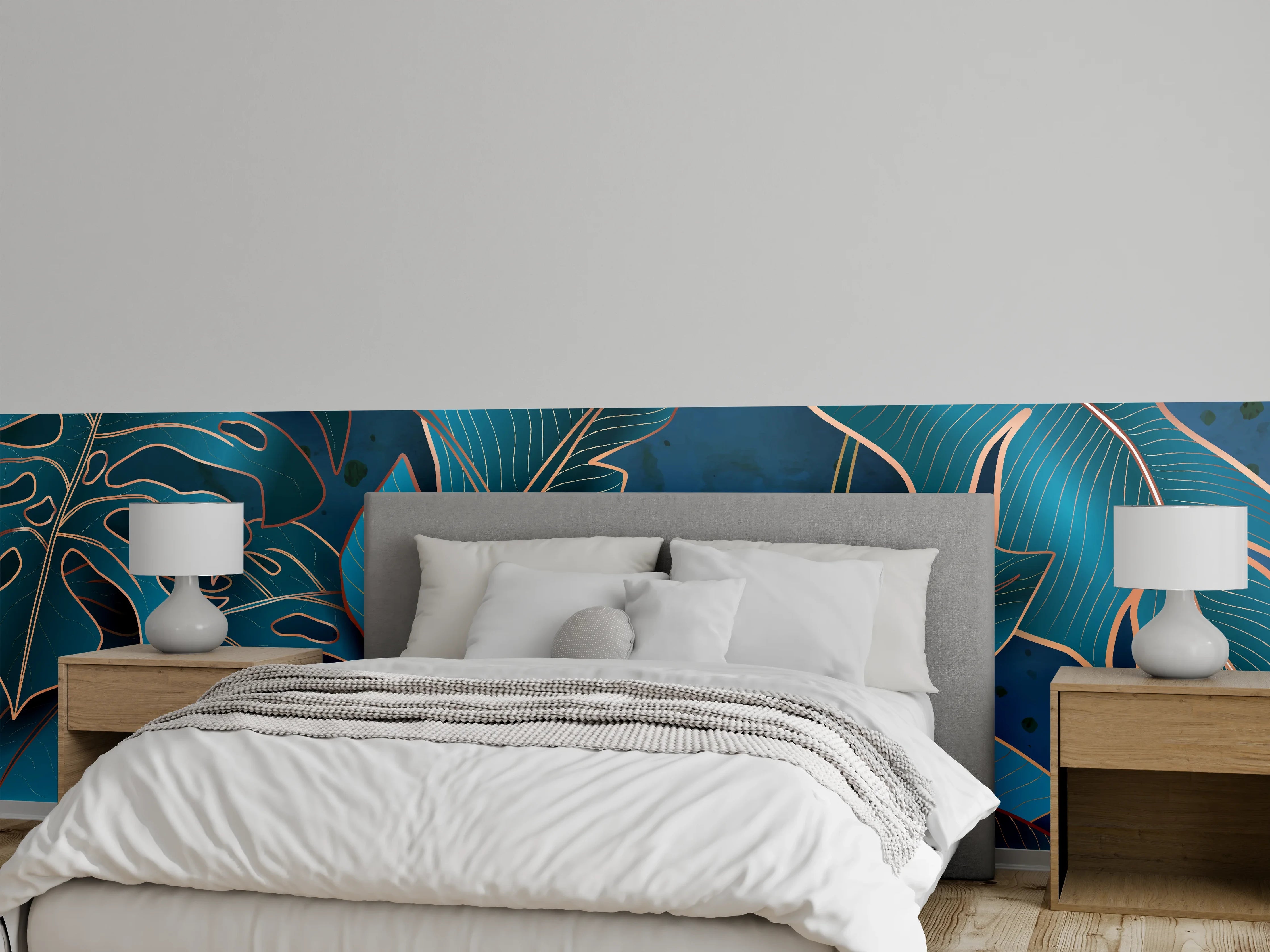 Wandverkleidung Schlafzimmer - Metallisch-blaues Pflanzenmuster