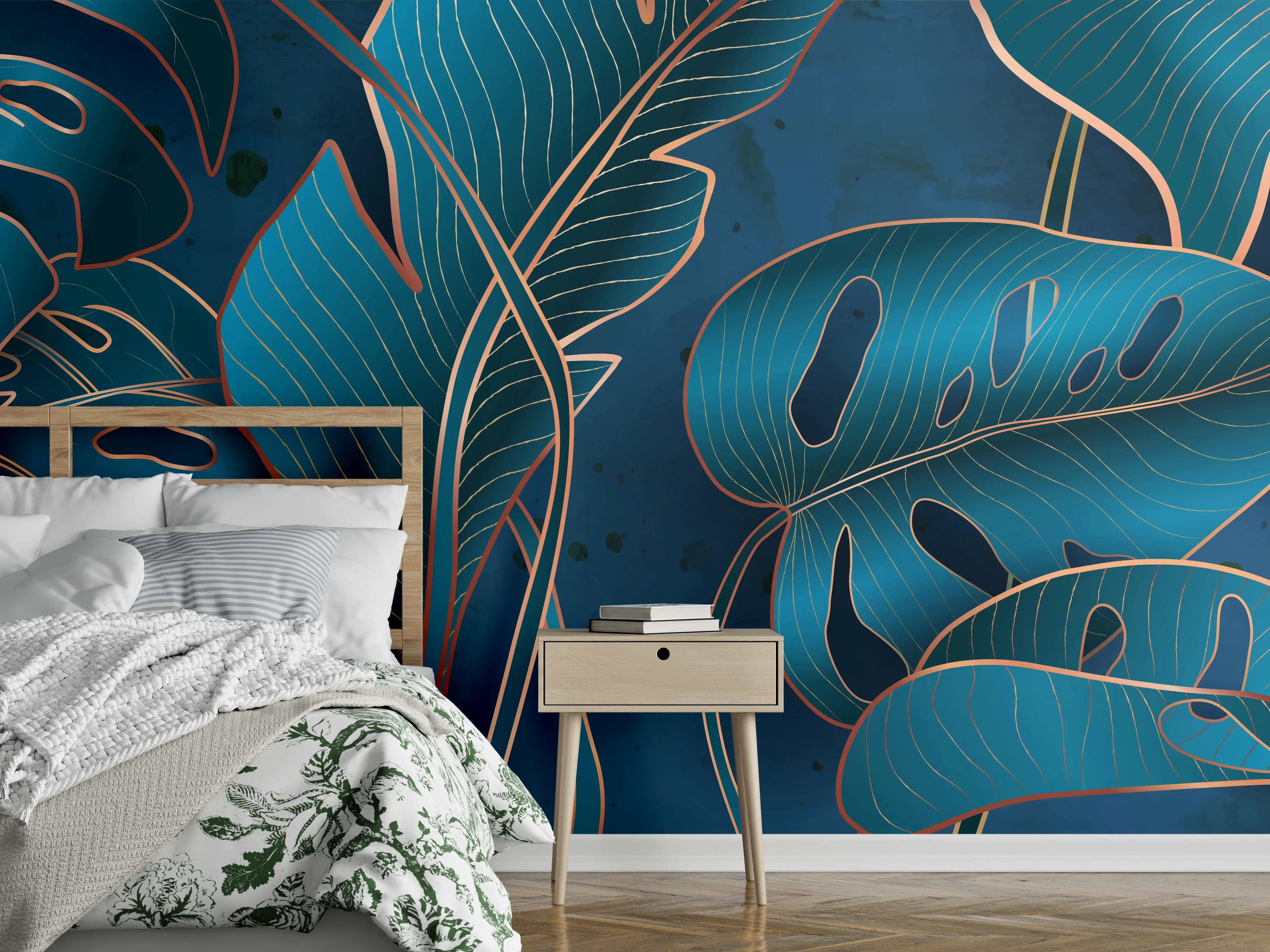 Wandverkleidung Schlafzimmer - Metallisch-blaues Pflanzenmuster