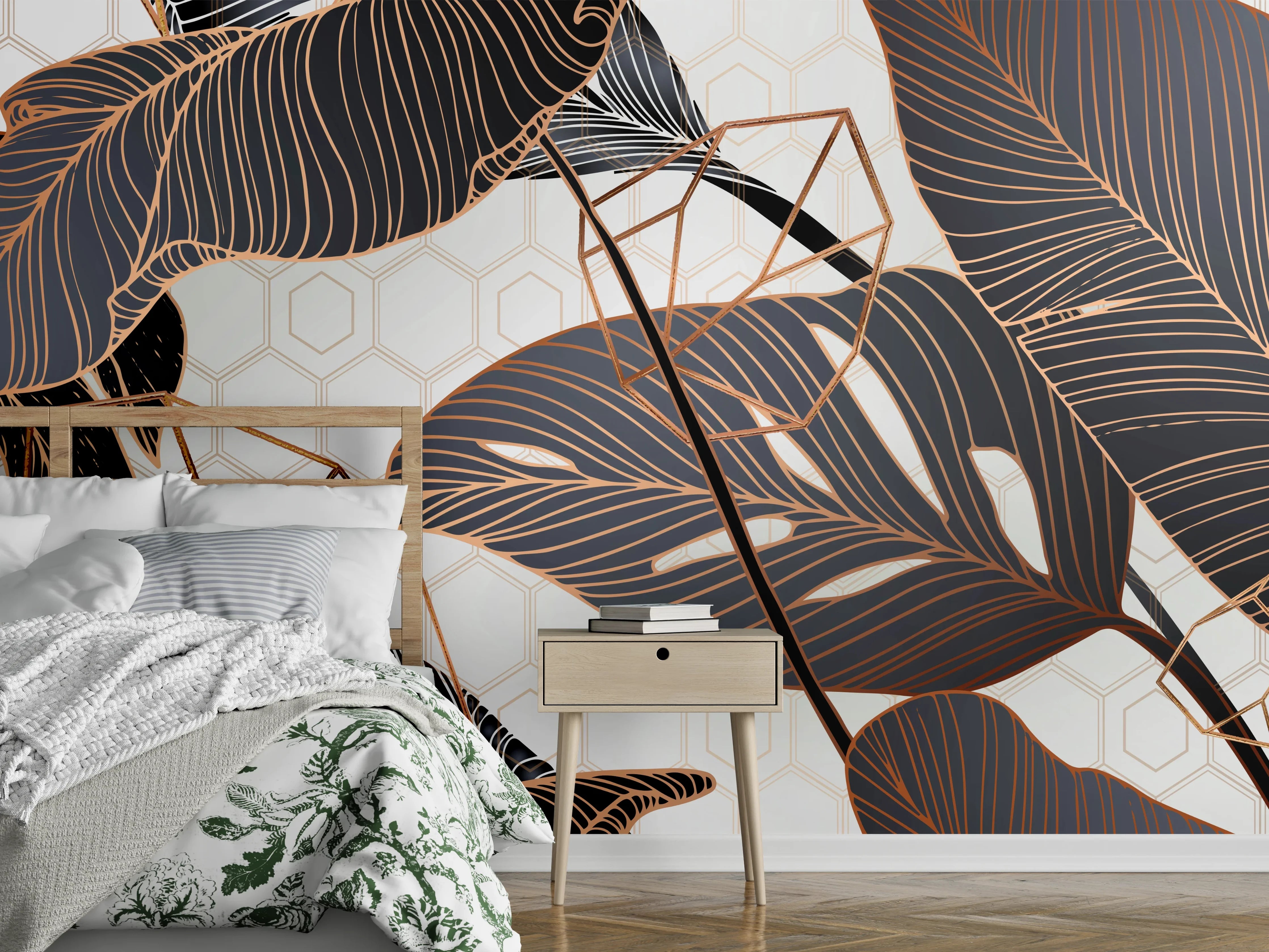 Wandverkleidung Schlafzimmer - Metallische Blatt-Muster Tapete