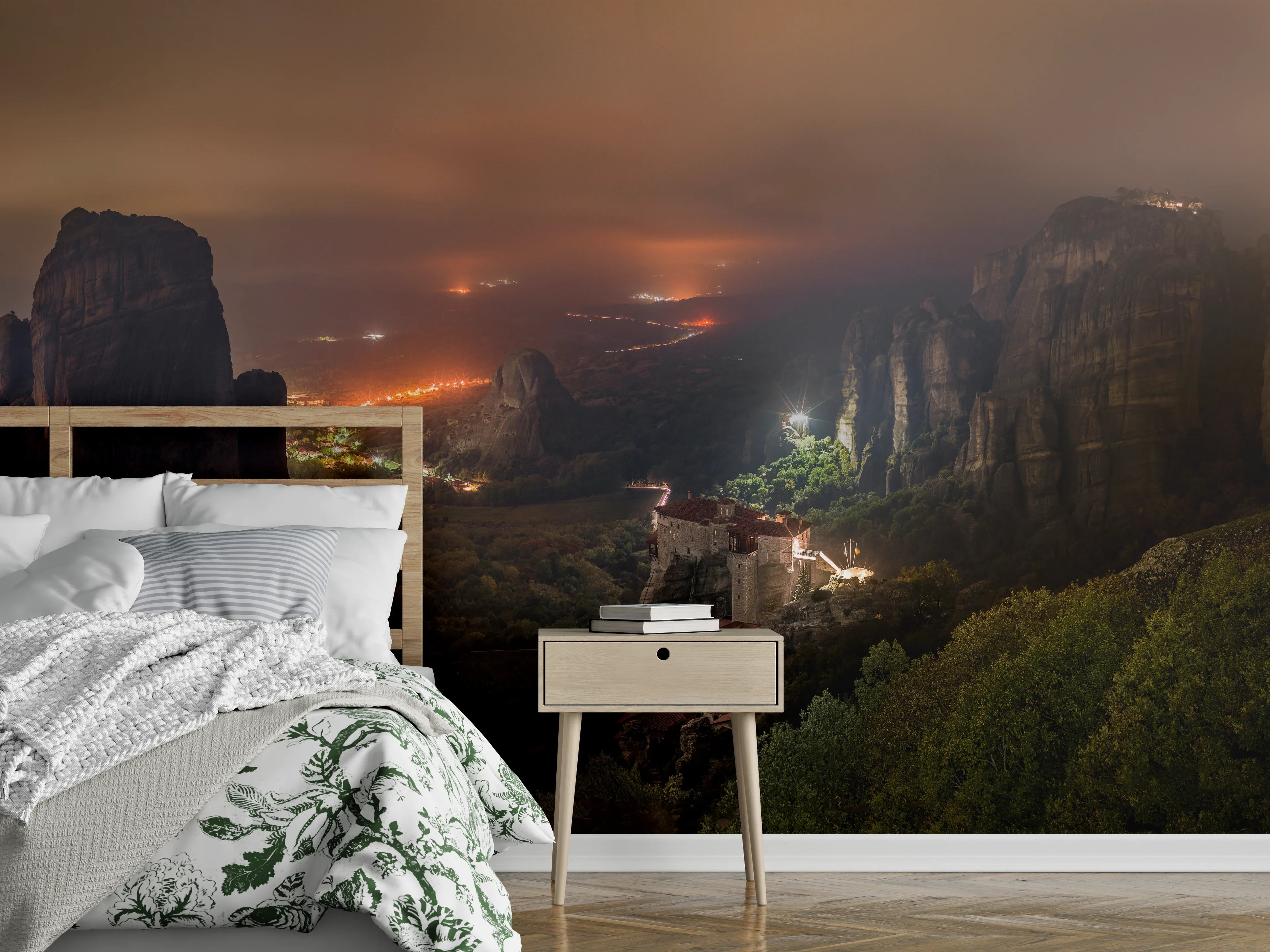Wandverkleidung Schlafzimmer - Meteora Klöster bei Nacht Panorama
