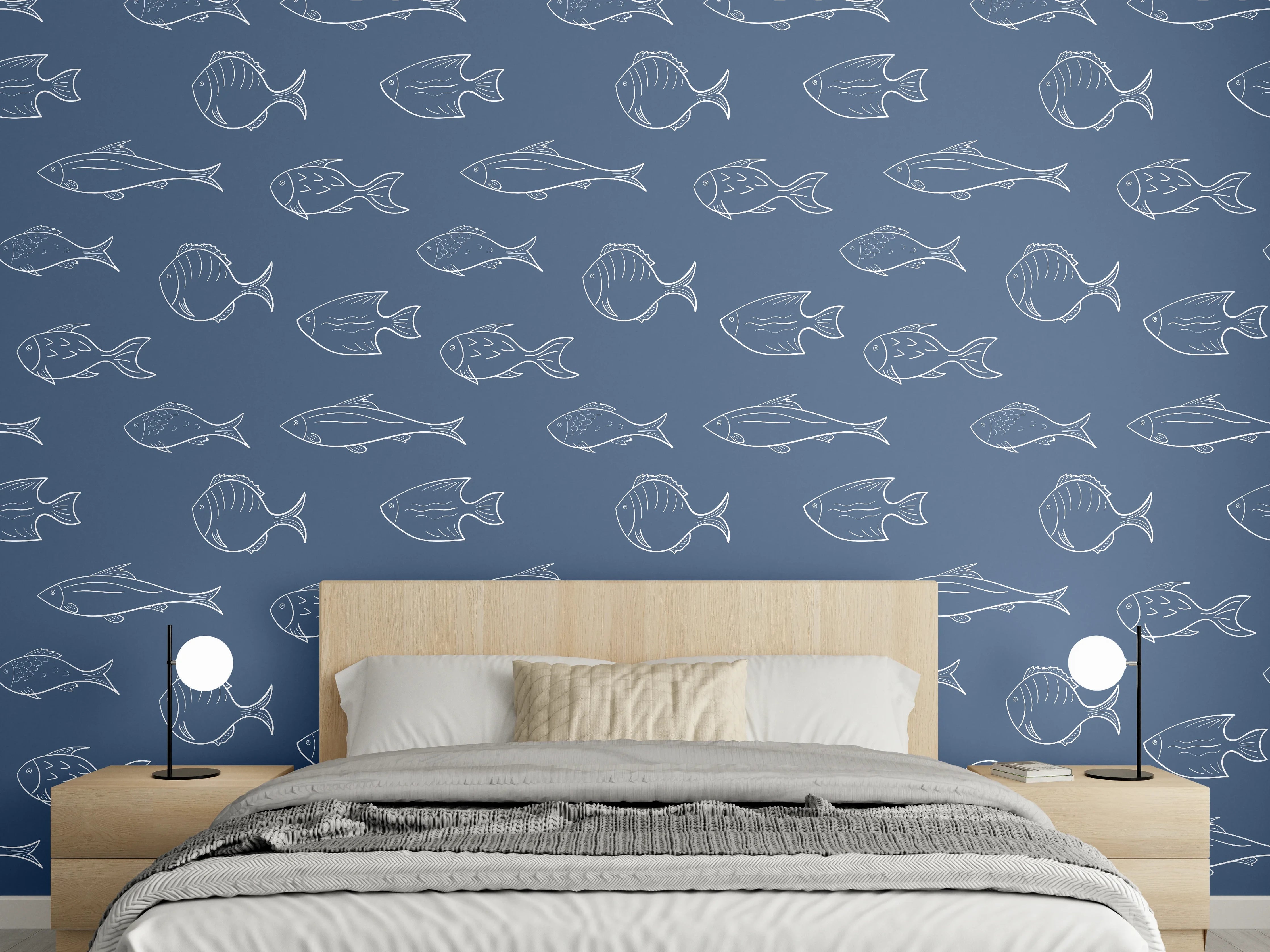 Wandverkleidung Schlafzimmer - Minimal Fischmuster Blau