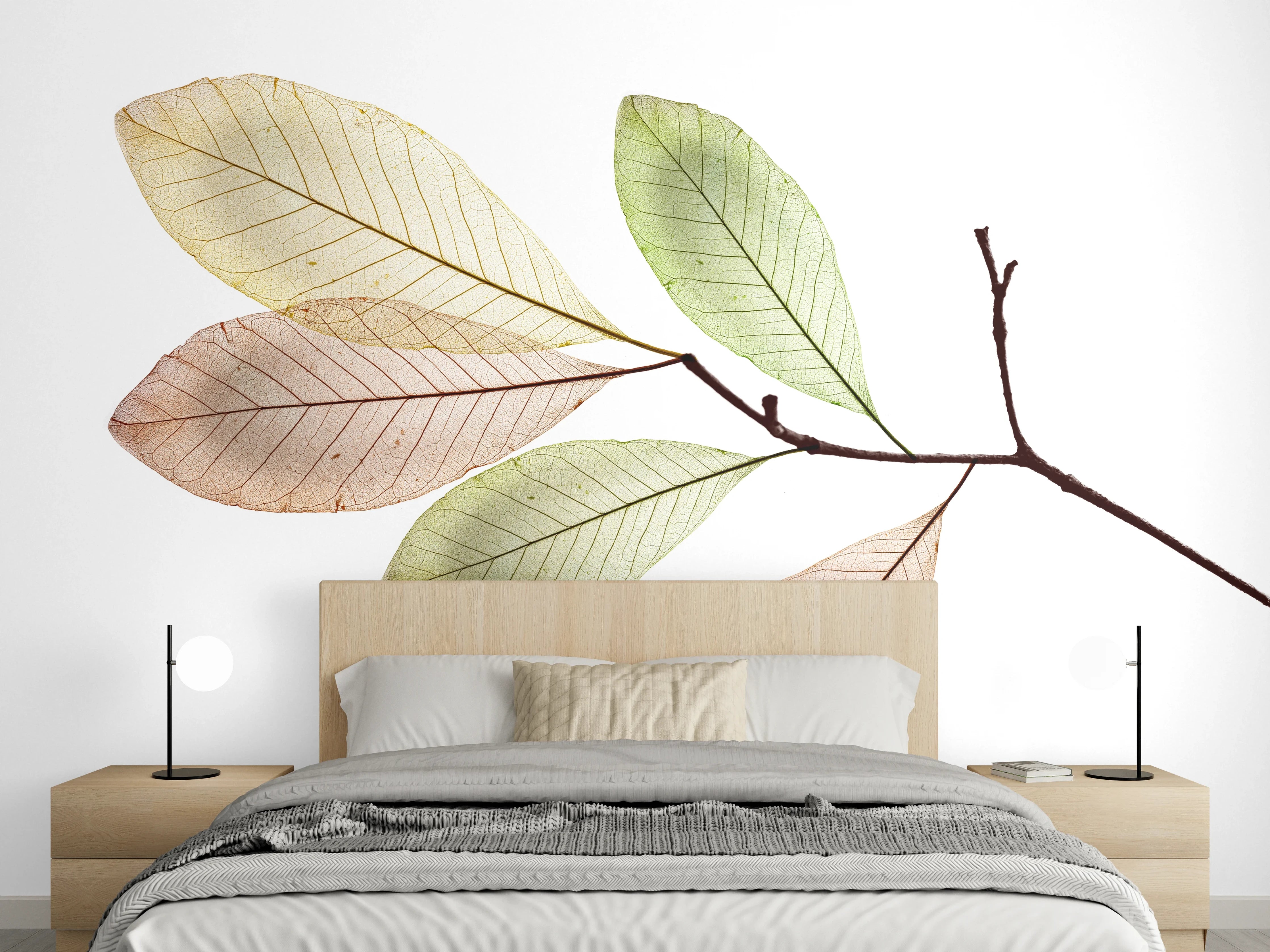 Wandverkleidung Schlafzimmer - Minimalistische Blätter Ast, Weiß-Grau Akzent