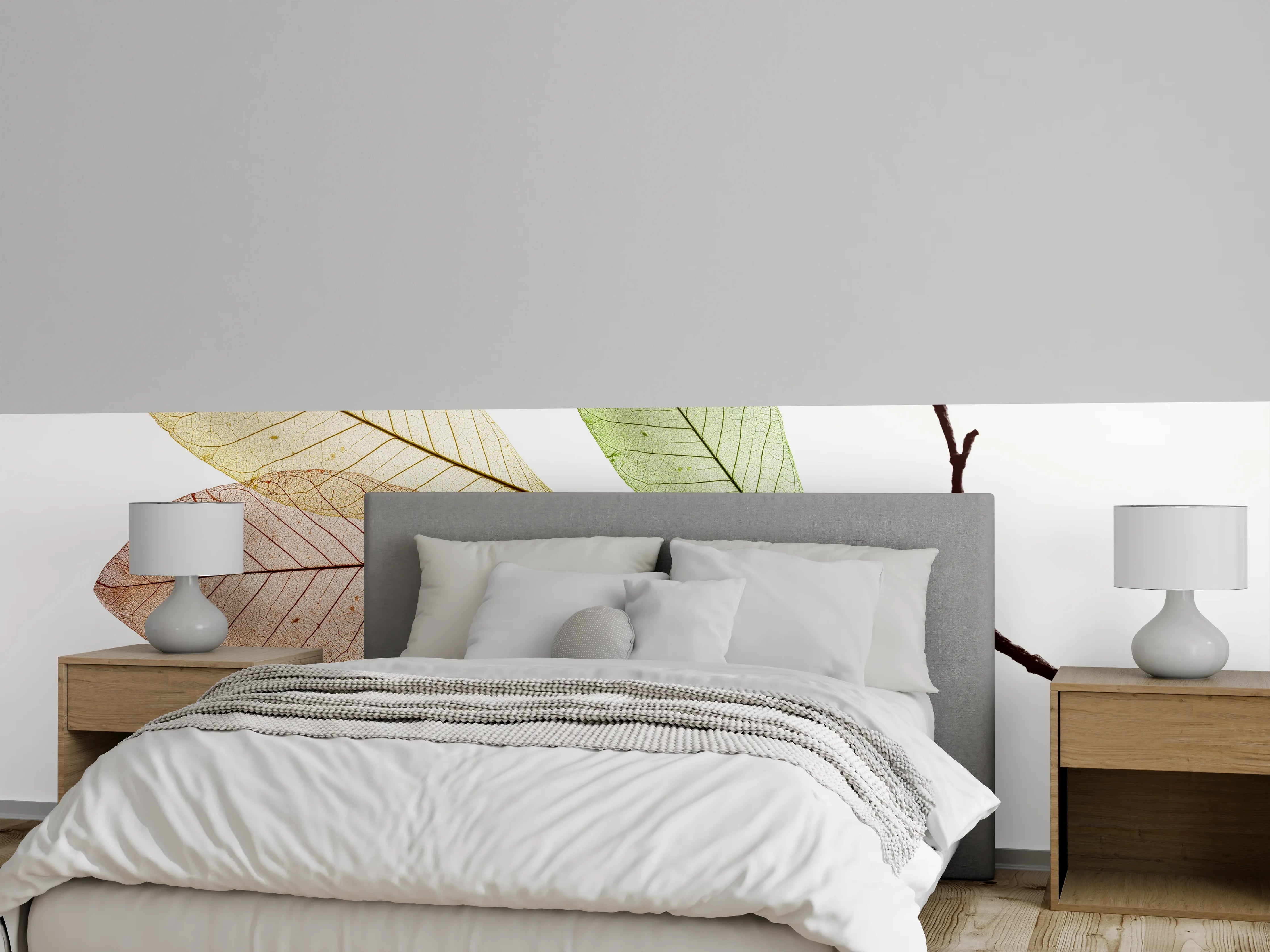 Wandverkleidung Schlafzimmer - Minimalistische Blätter Ast, Weiß-Grau Akzent
