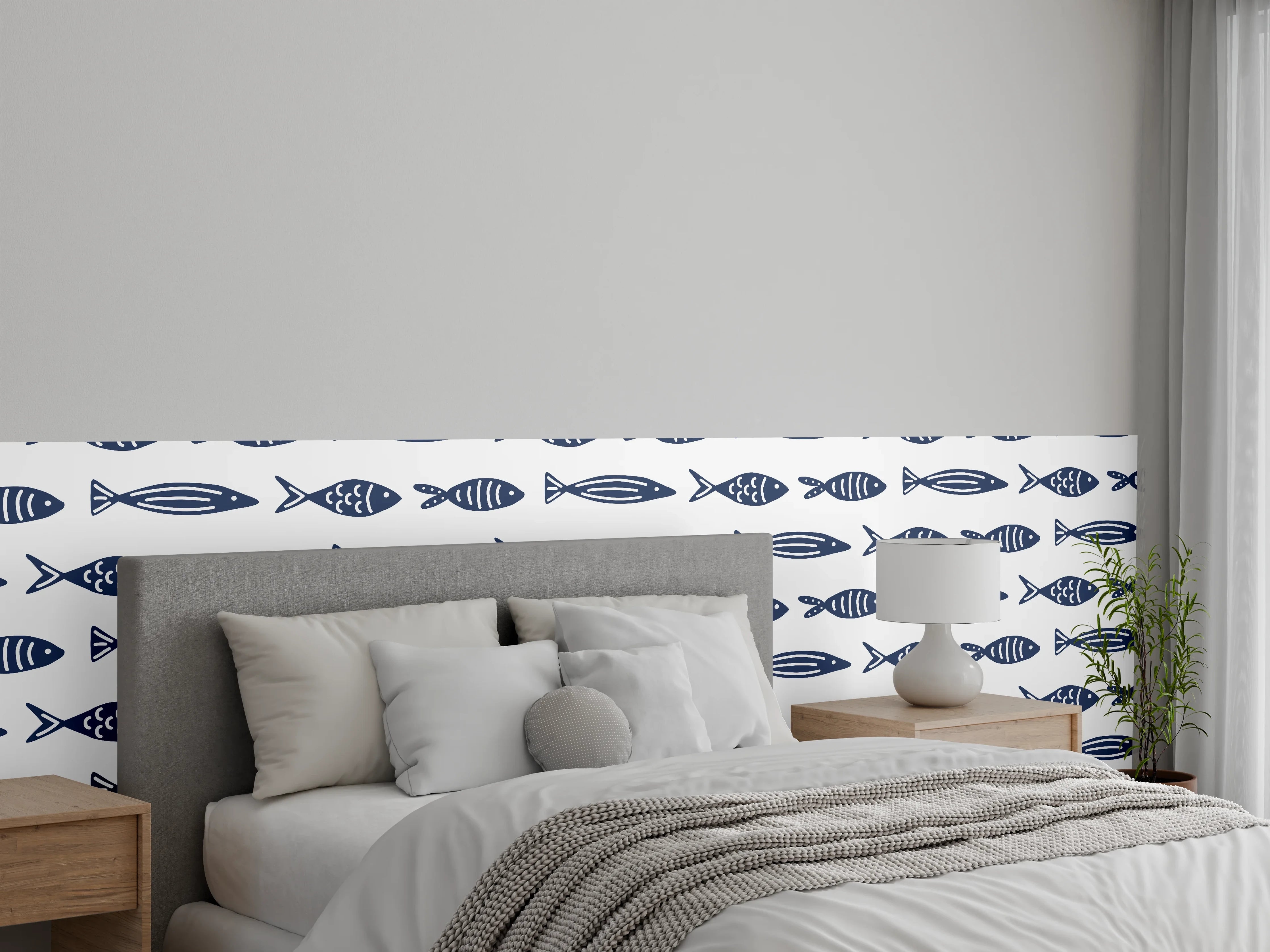 Wandverkleidung Schlafzimmer - Minimalistische Fische Blau-Weiß