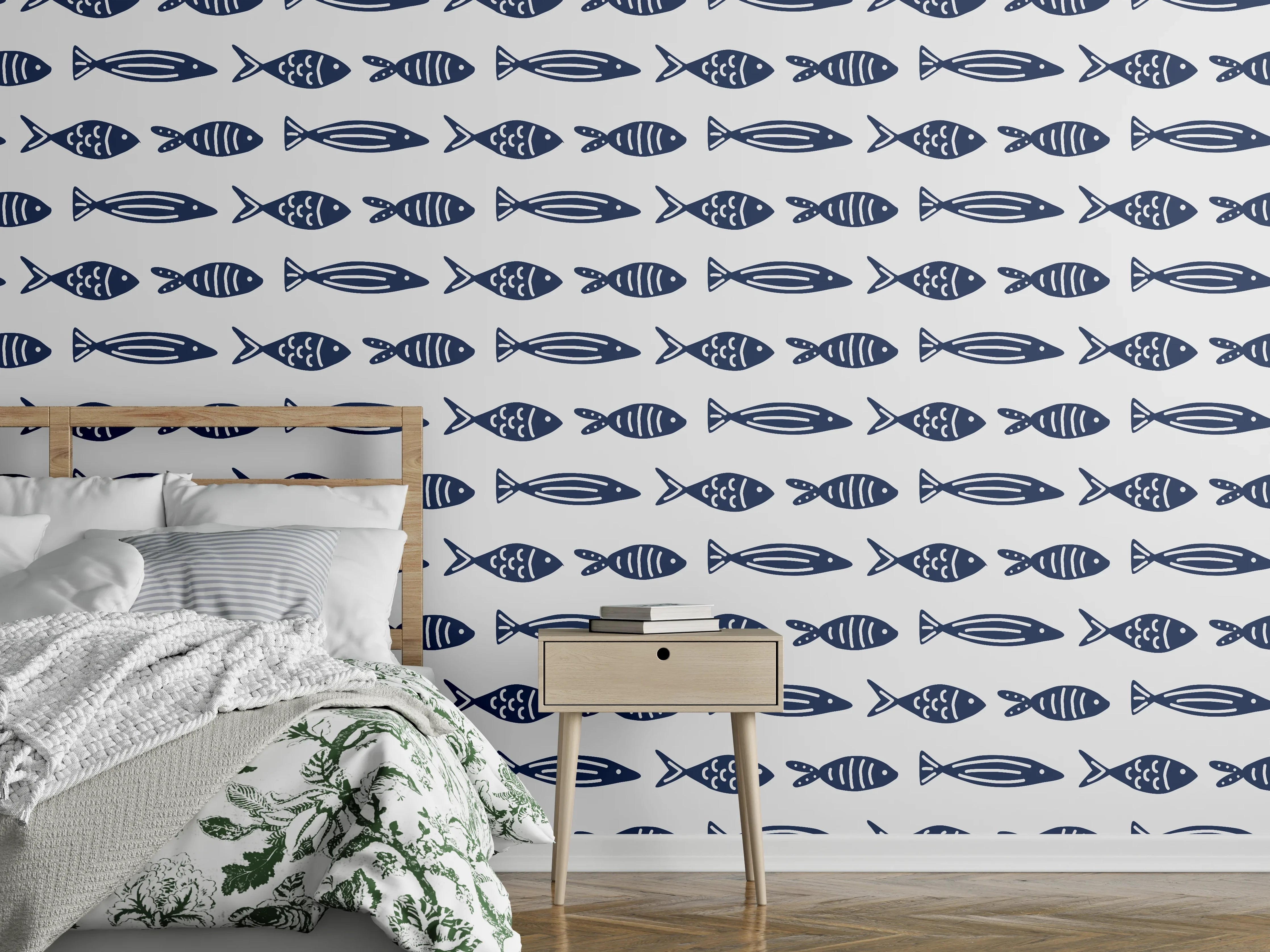 Wandverkleidung Schlafzimmer - Minimalistische Fische Blau-Weiß