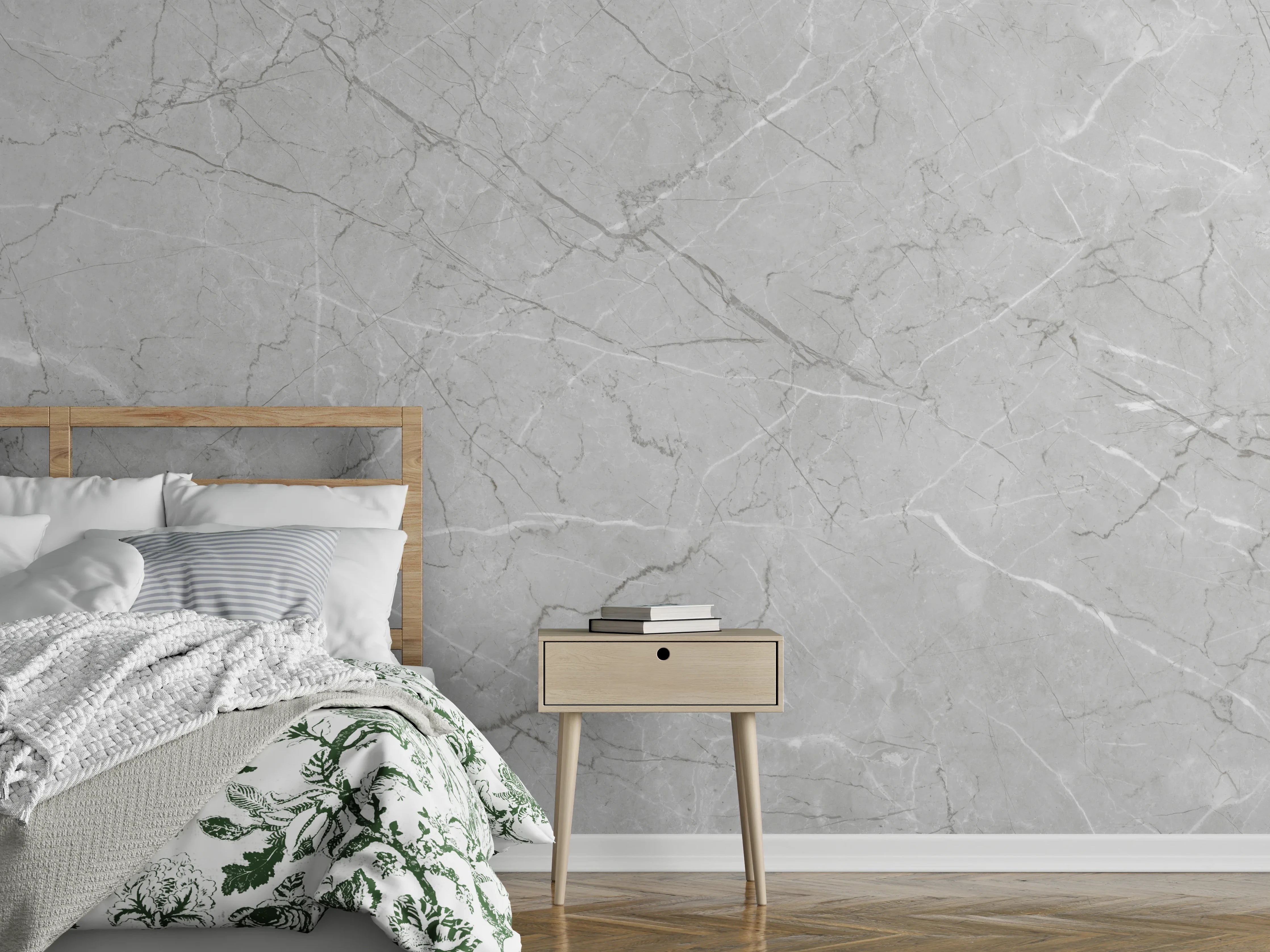 Wandverkleidung Schlafzimmer - Minimalistische Marmorfläche in Weiß und Grau
