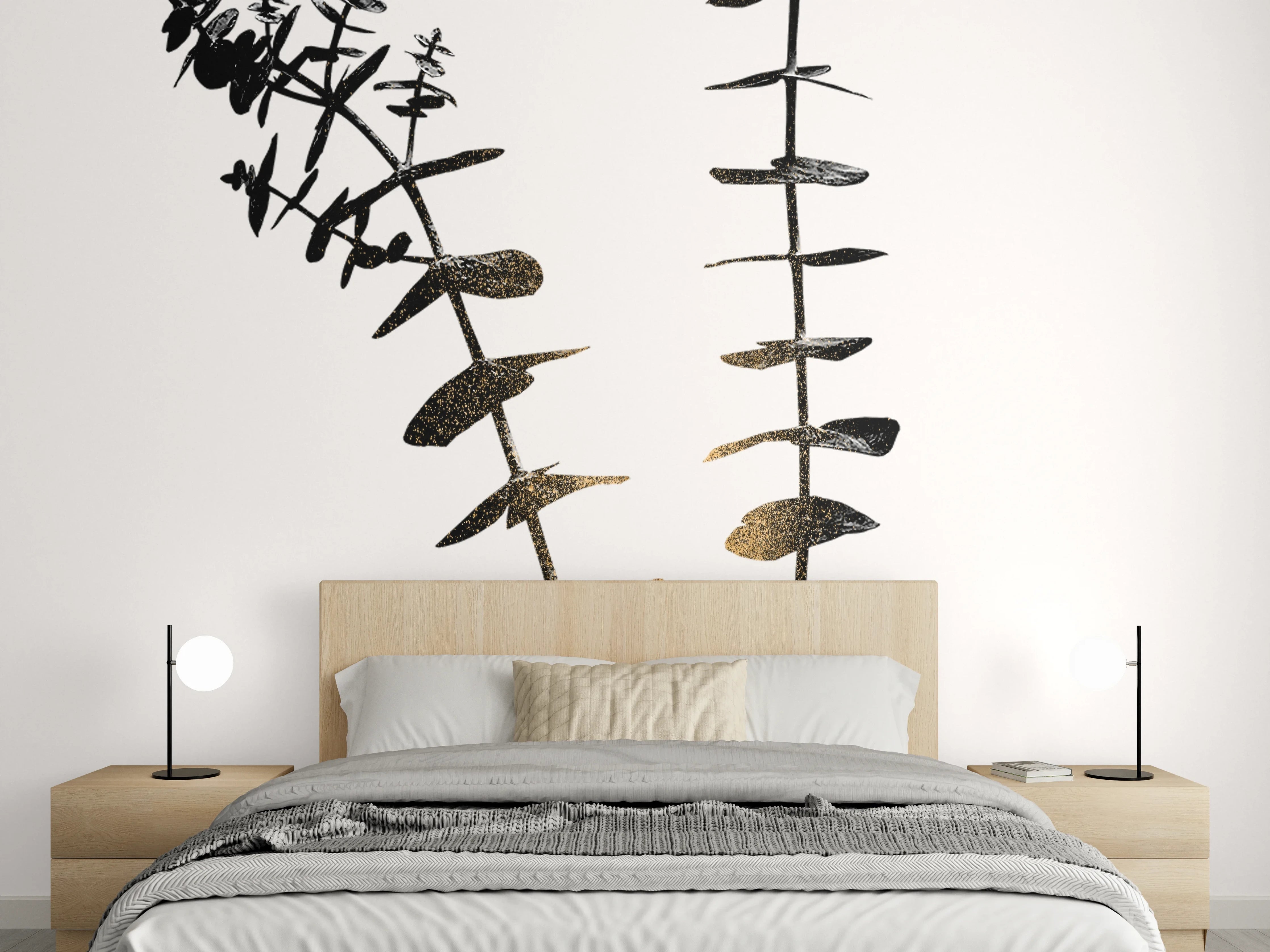 Wandverkleidung Schlafzimmer - Minimalistische Pflanzen Silhouette Schwarz-Weiß