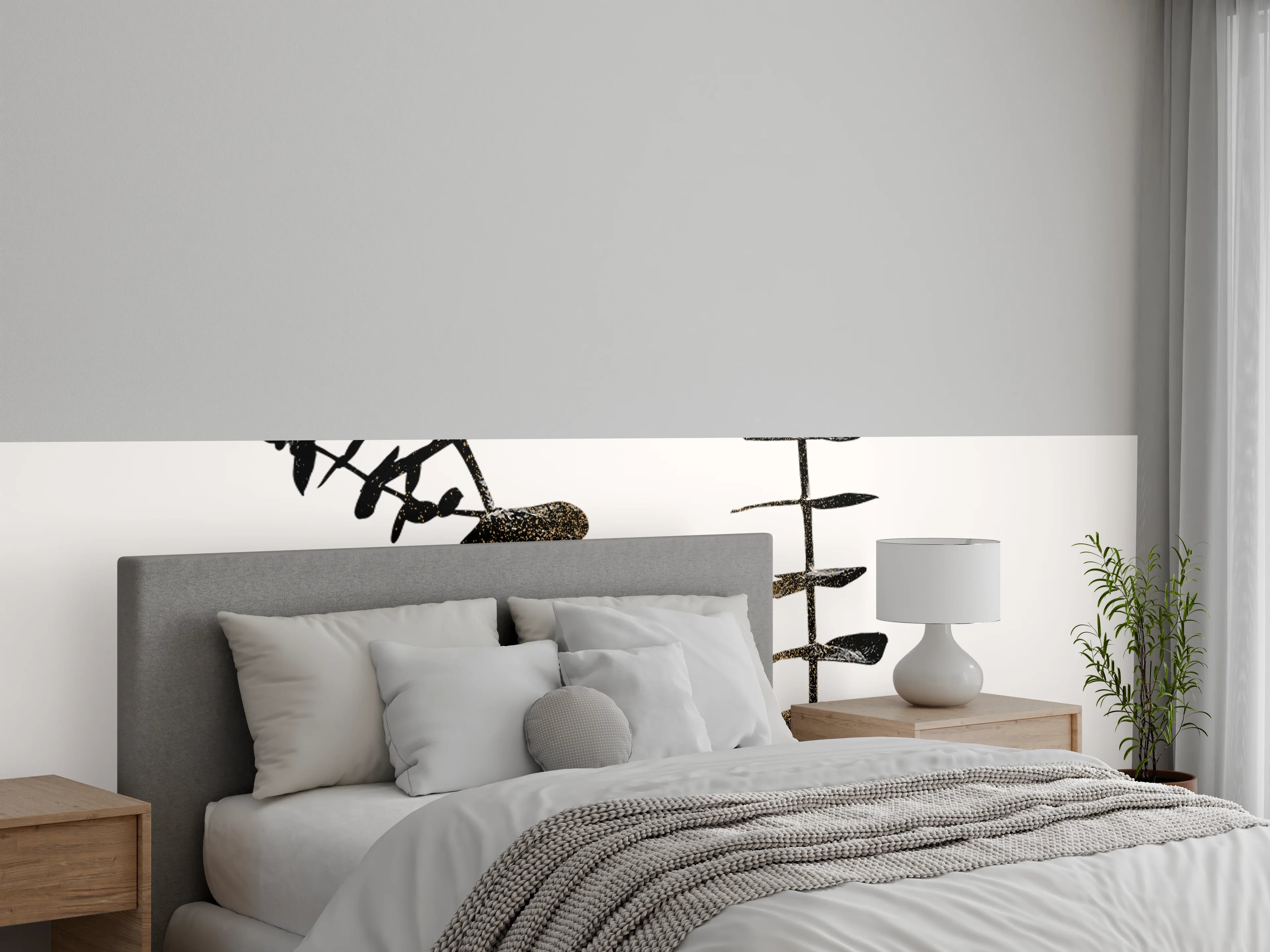 Wandverkleidung Schlafzimmer - Minimalistische Pflanzen Silhouette Schwarz-Weiß