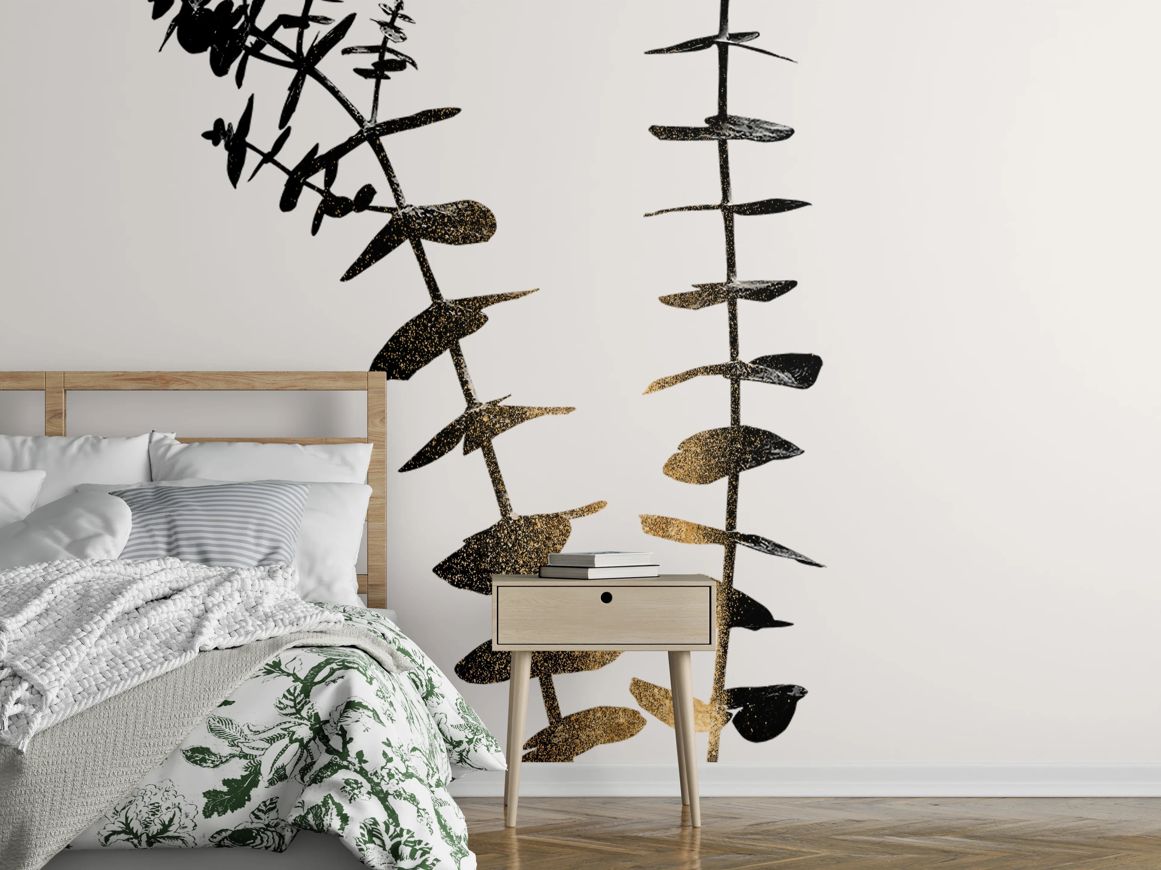 Wandverkleidung Schlafzimmer - Minimalistische Pflanzen Silhouette Schwarz-Weiß