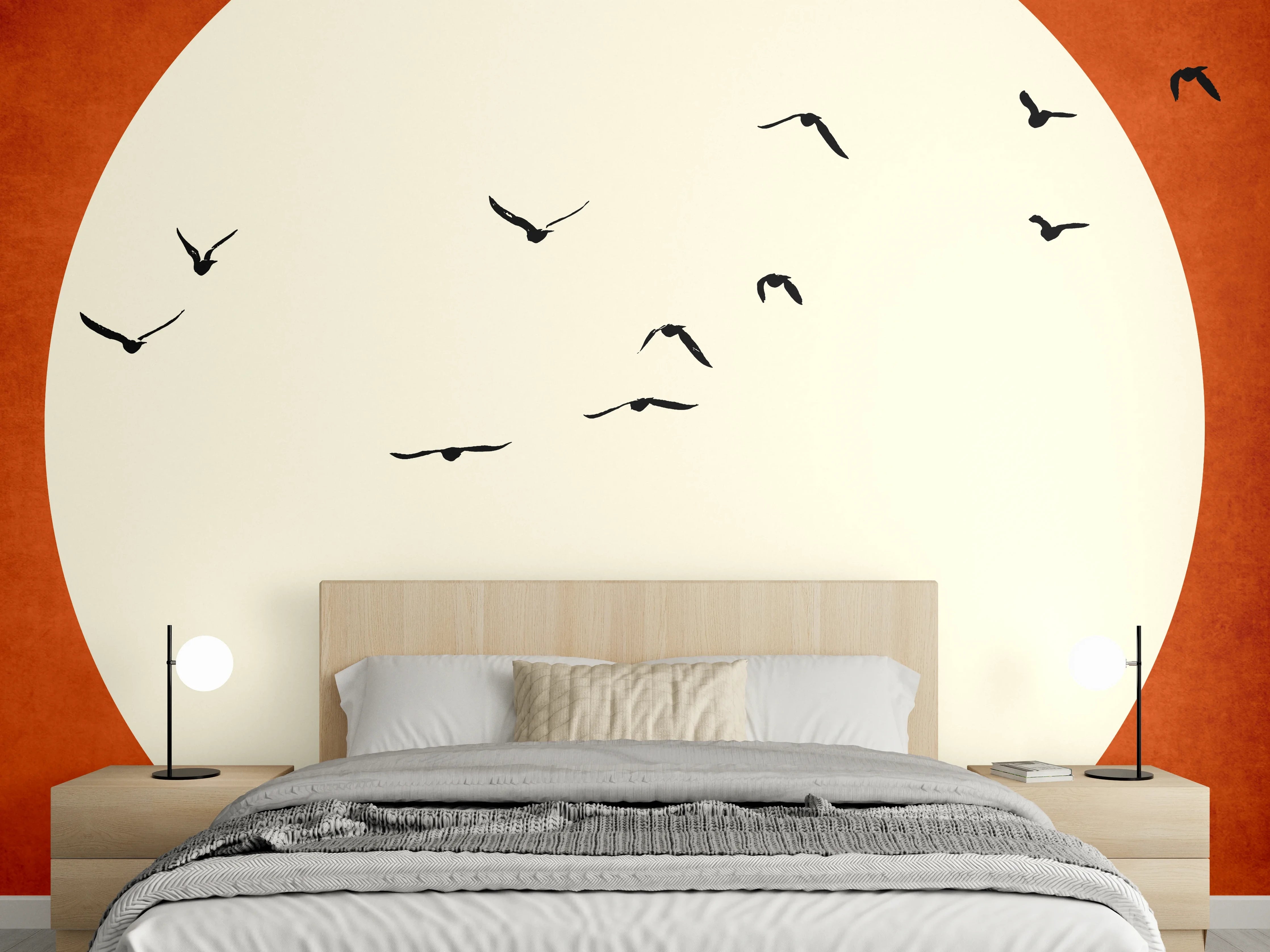 Wandverkleidung Schlafzimmer - Minimalistische Sonne mit fliegenden Vögeln