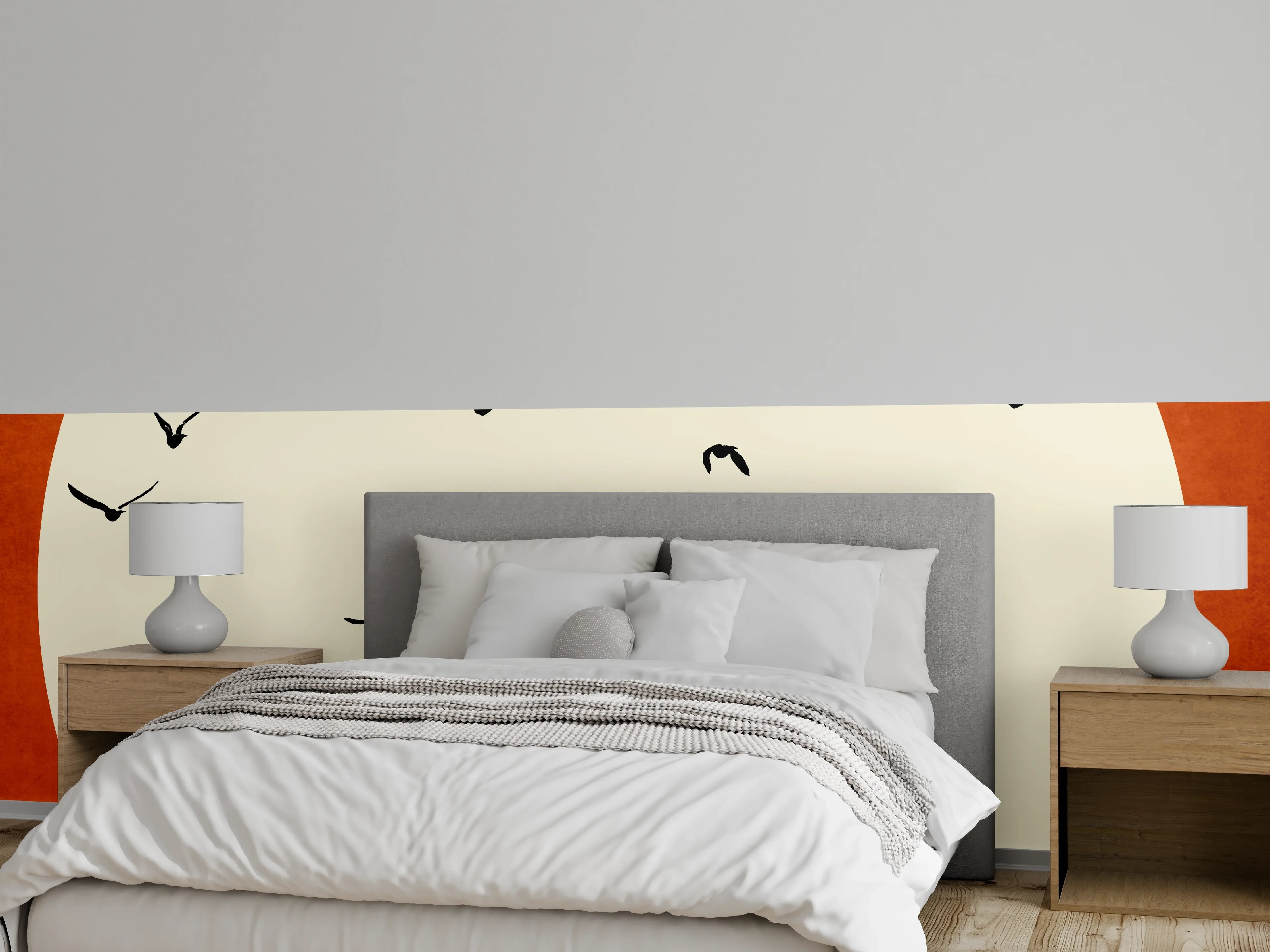 Wandverkleidung Schlafzimmer - Minimalistische Sonne mit fliegenden Vögeln