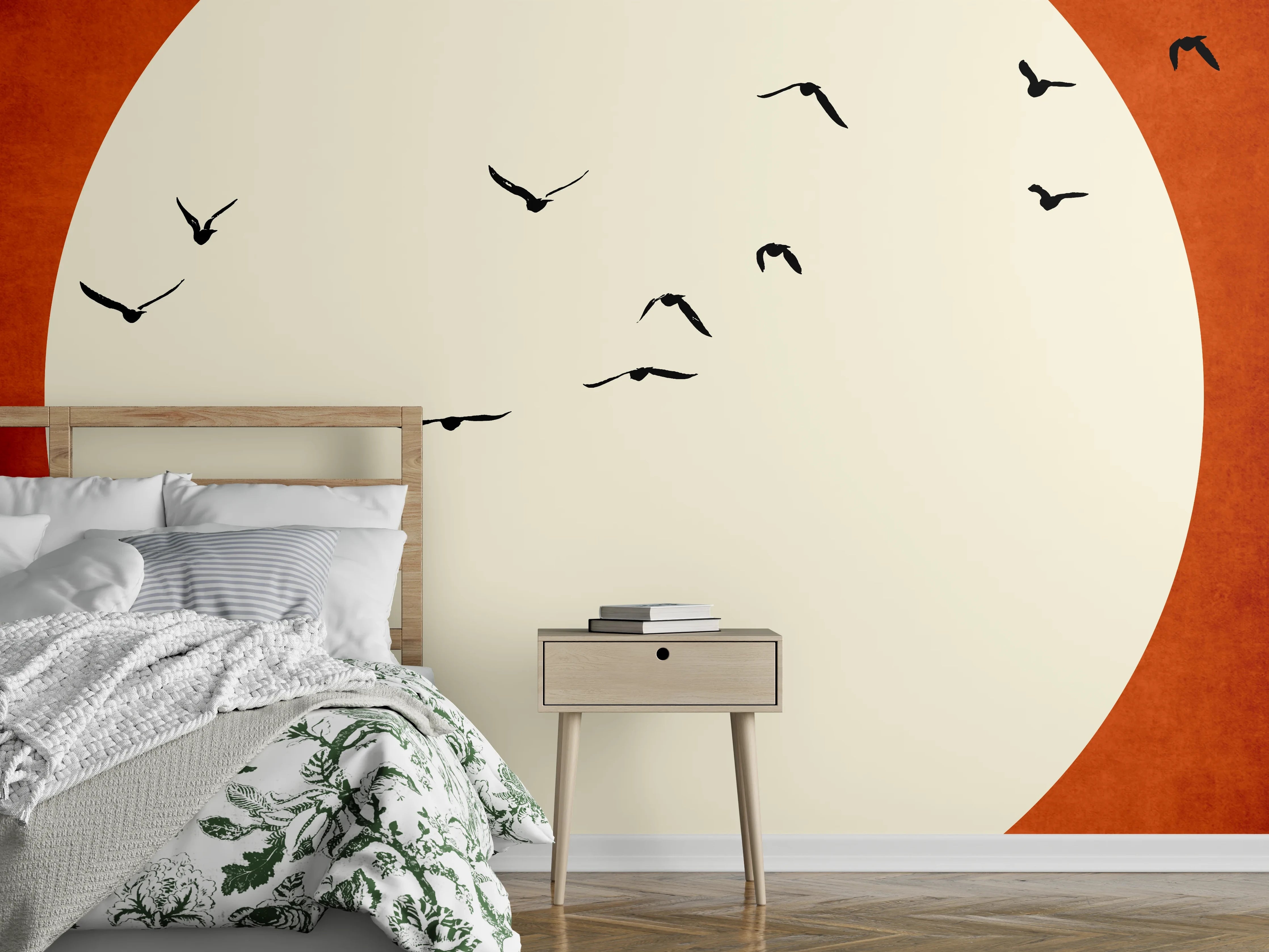 Wandverkleidung Schlafzimmer - Minimalistische Sonne mit fliegenden Vögeln