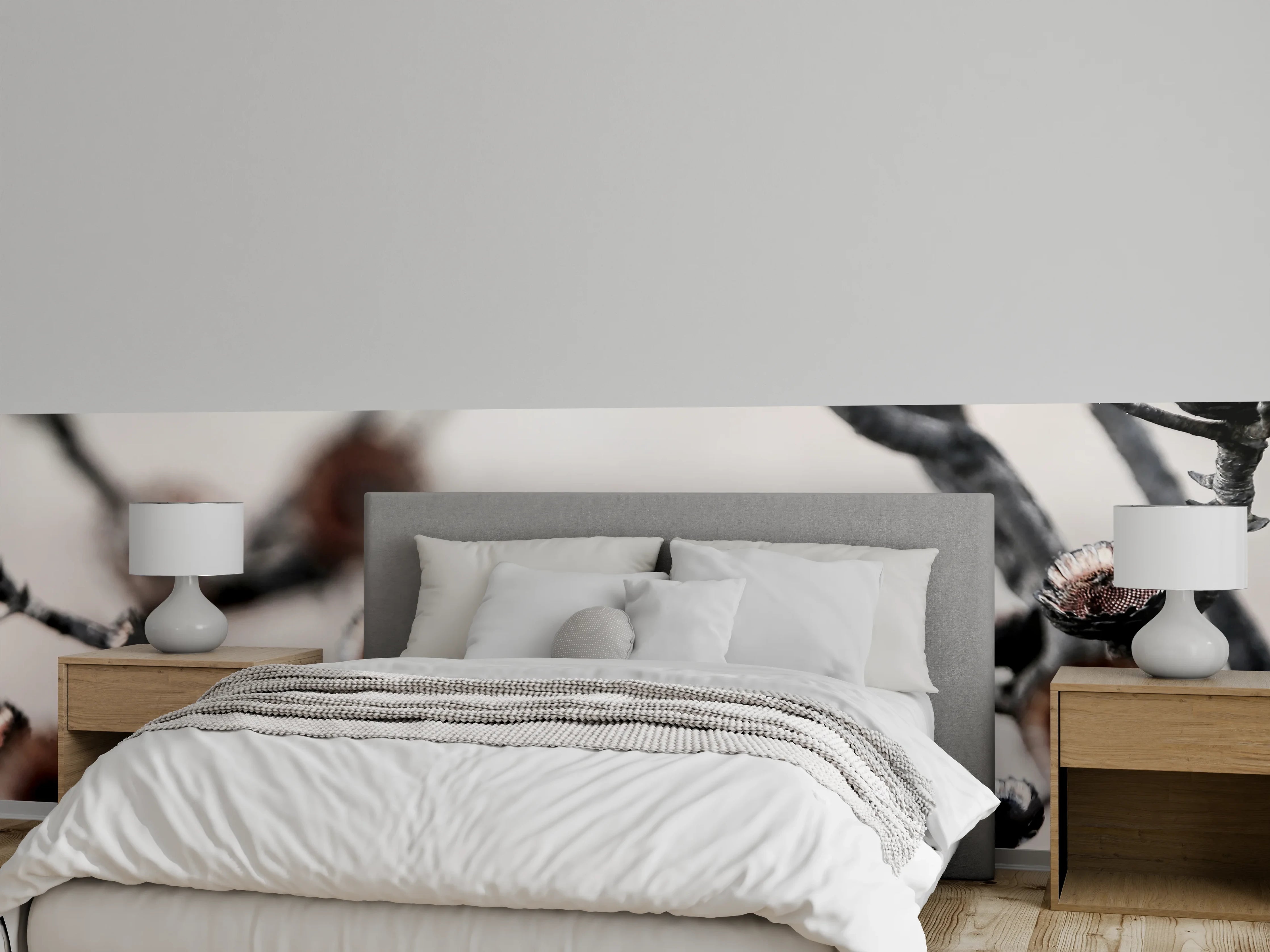 Wandverkleidung Schlafzimmer - Minimalistische vertrocknete Blüten in Schwarz-Weiß