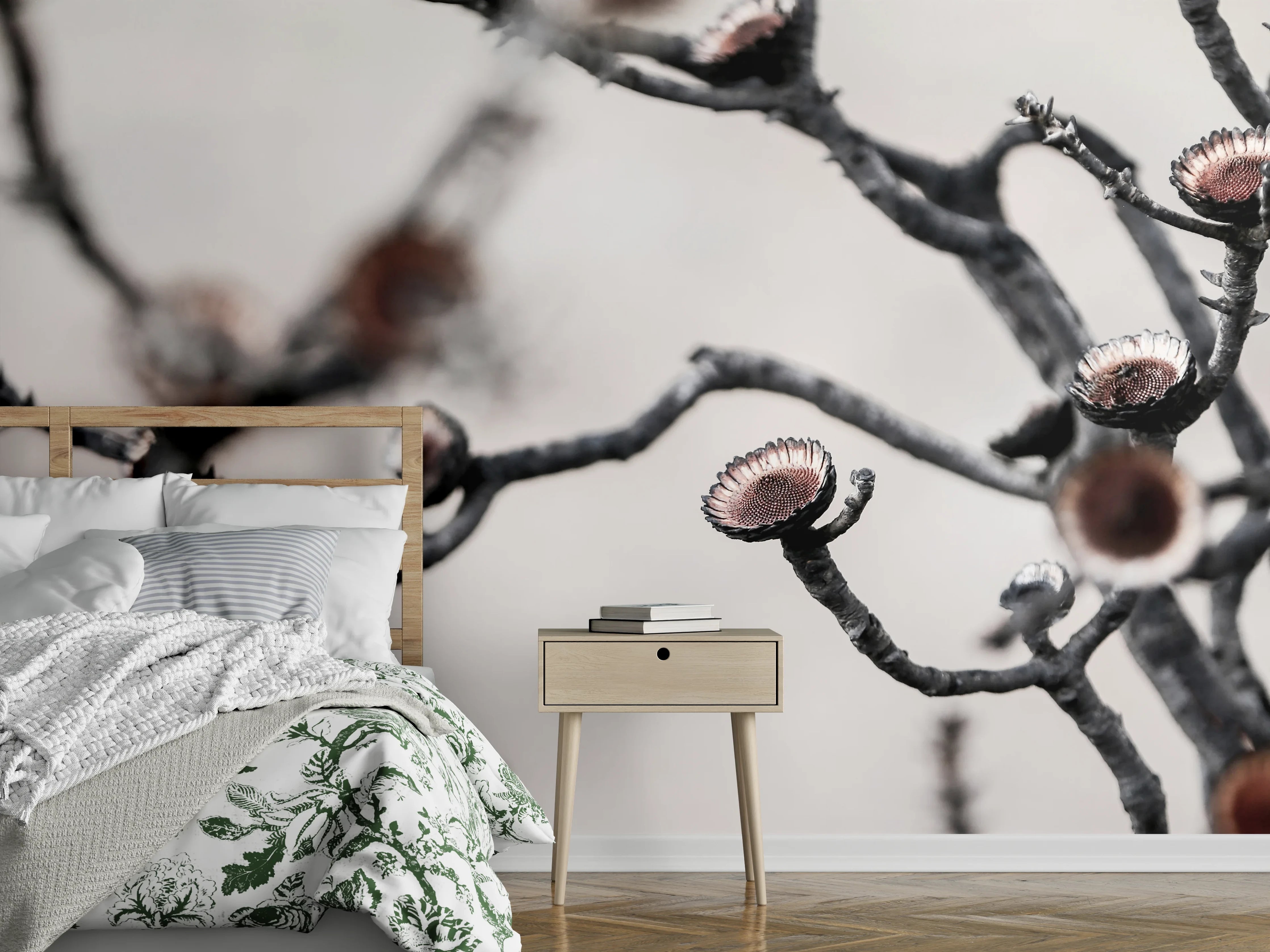 Wandverkleidung Schlafzimmer - Minimalistische vertrocknete Blüten in Schwarz-Weiß