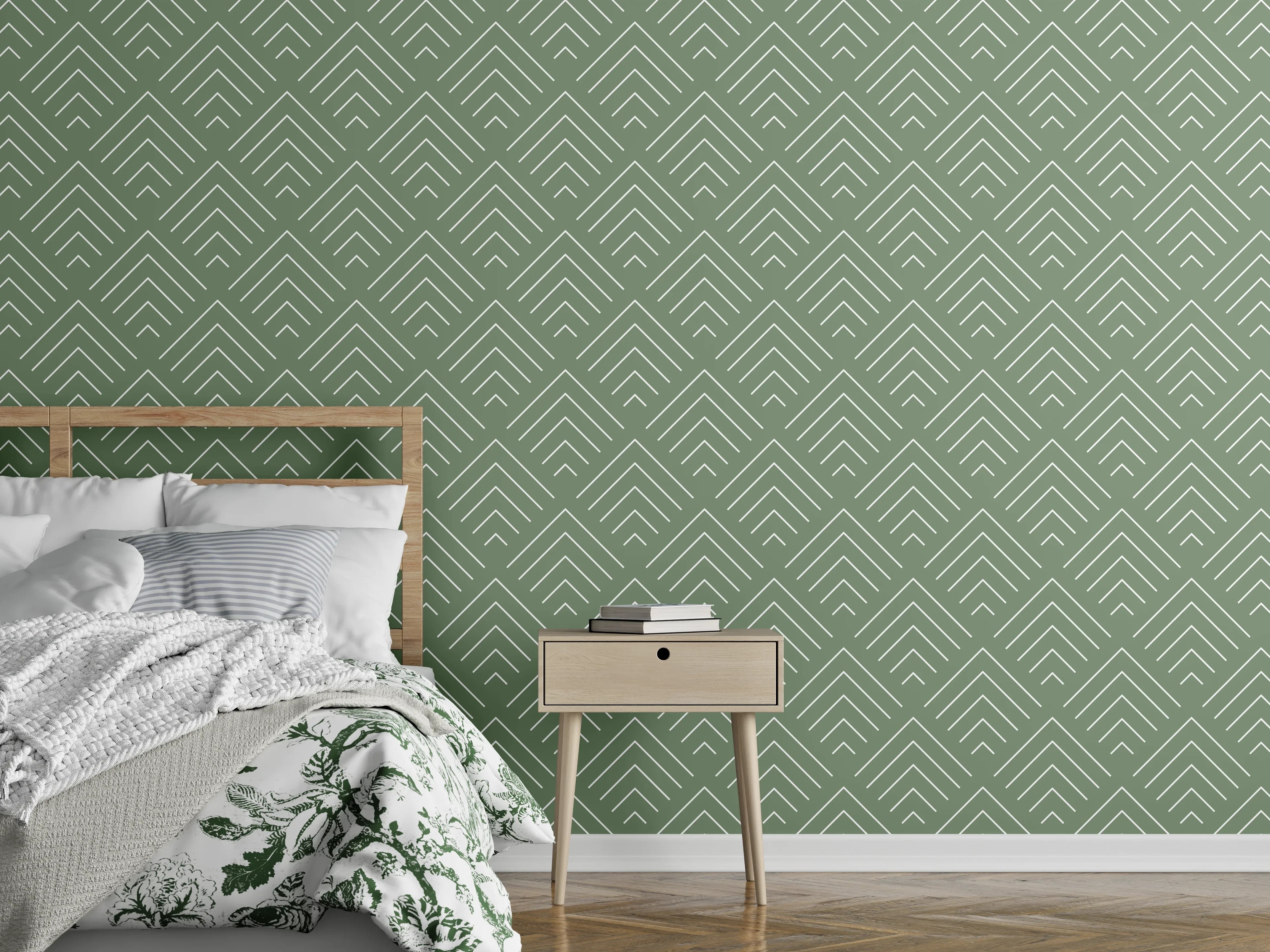 Wandverkleidung Schlafzimmer - Mintgraue Linien auf weißem Grund