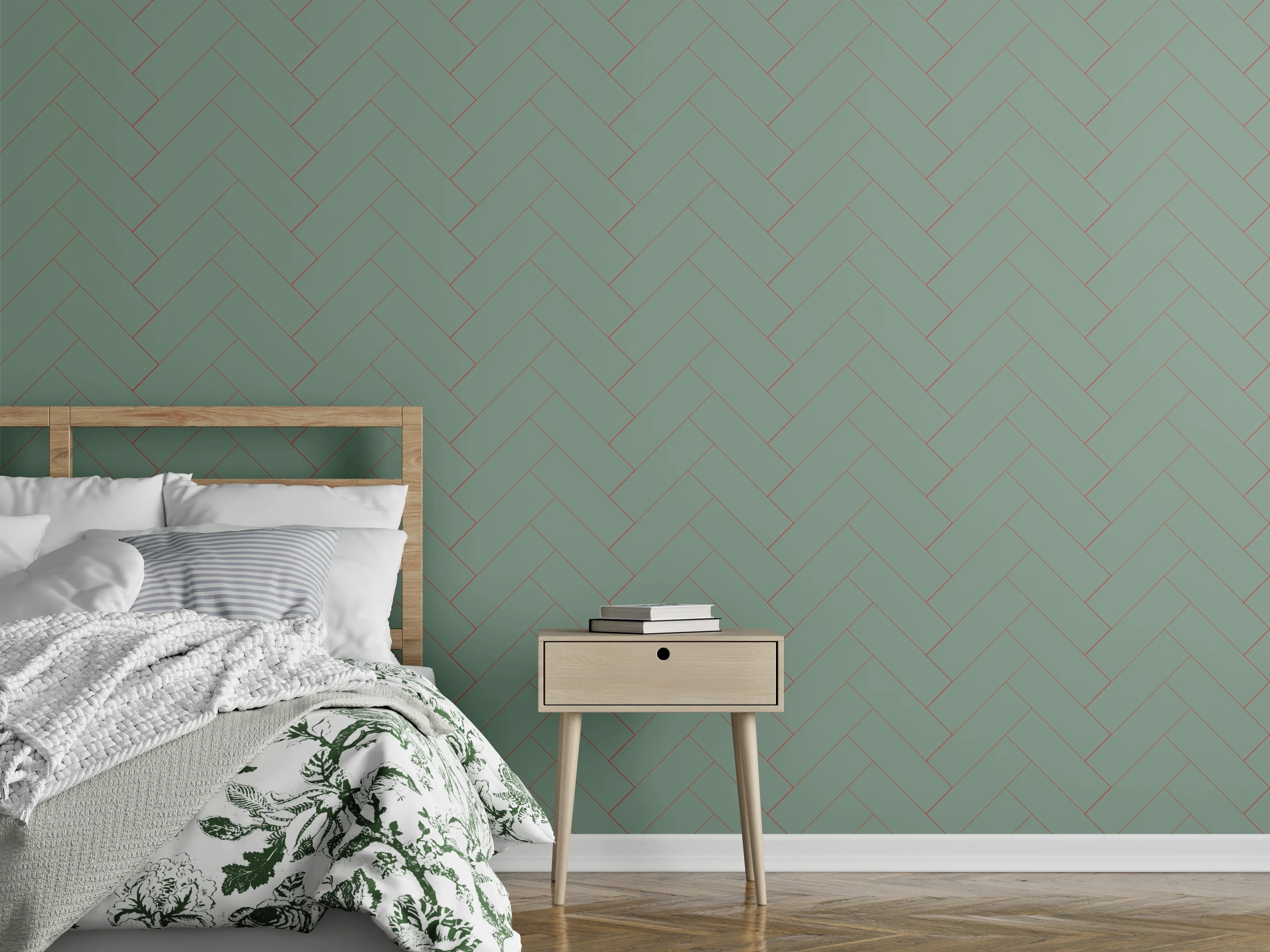 Wandverkleidung Schlafzimmer - Mintgrünes Fischgrät-Muster modern