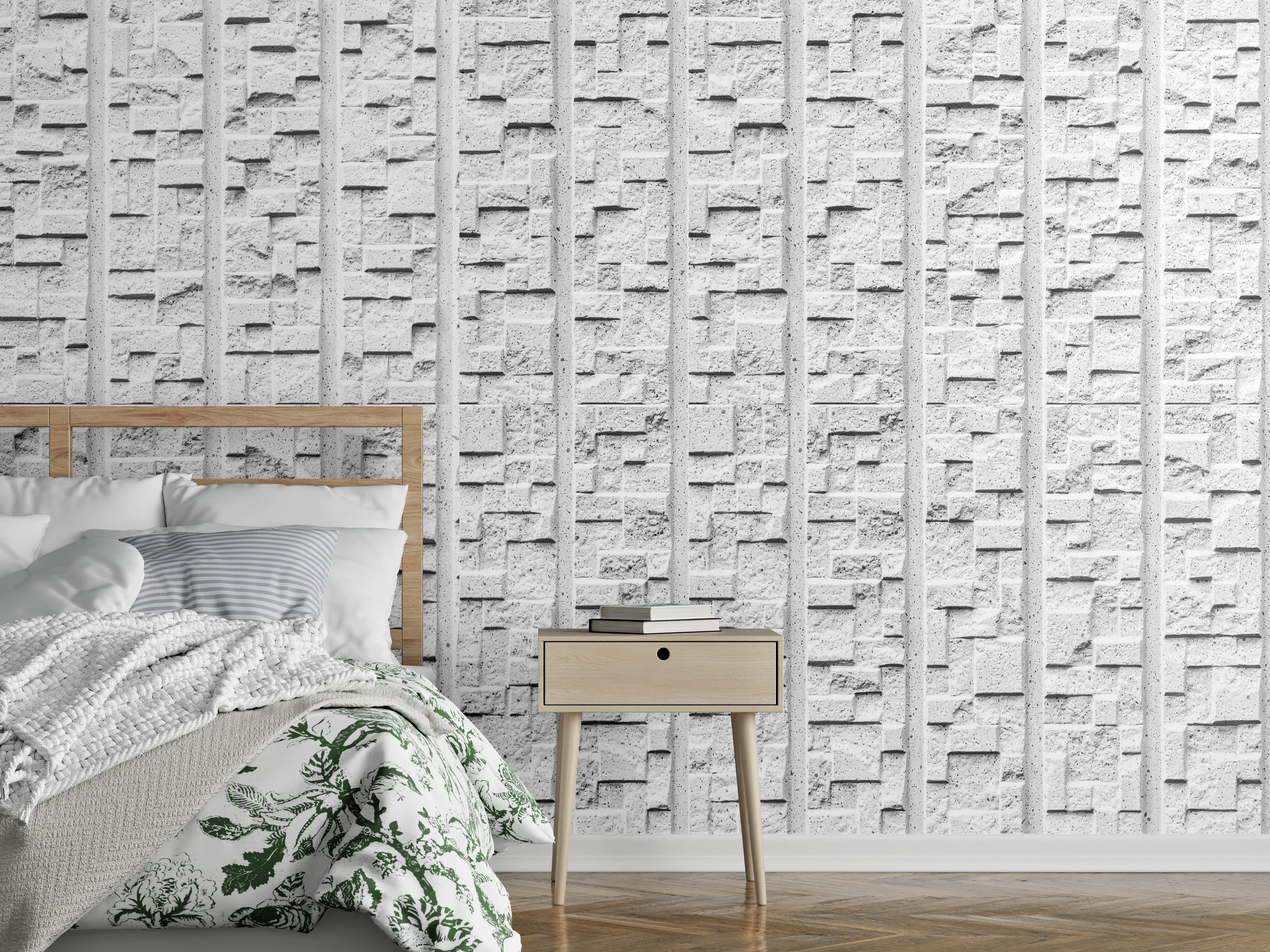 Wandverkleidung Schlafzimmer - Modern weiße Steinwand mit Muster