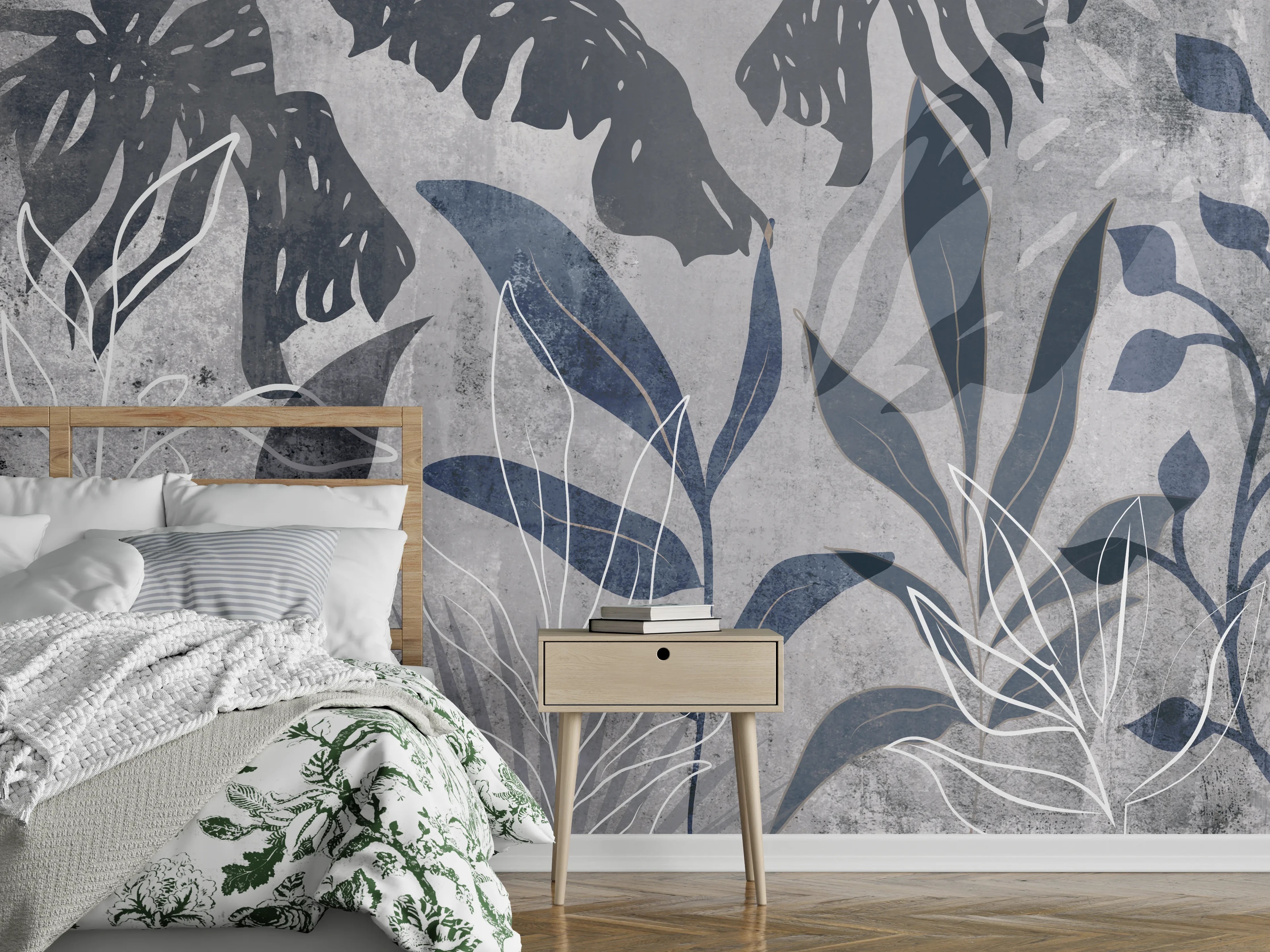 Wandverkleidung Schlafzimmer - Moderne Botanik Grau-Weiß