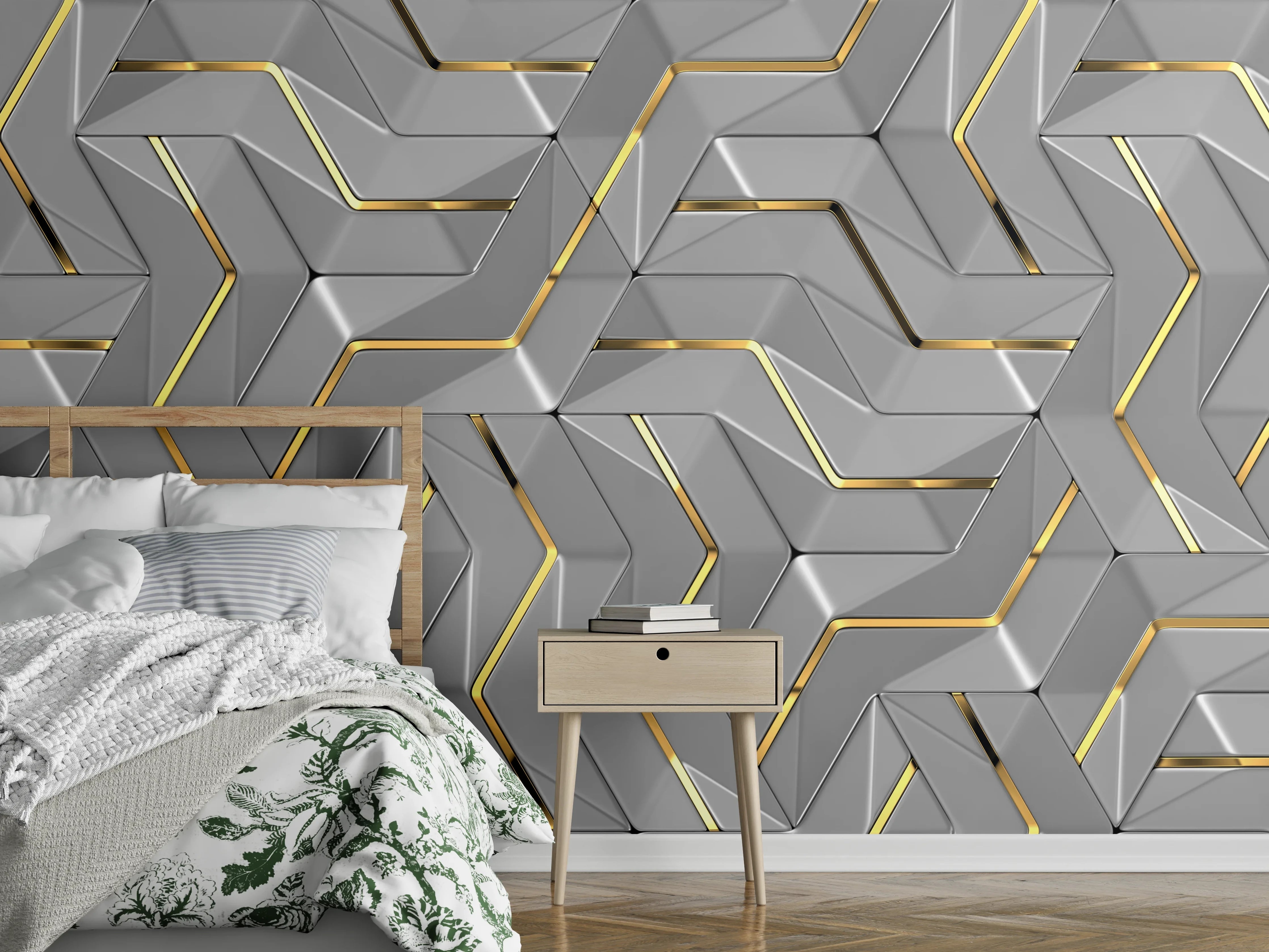 Wandverkleidung Schlafzimmer - Moderne Wandtextur - Gold Akzente