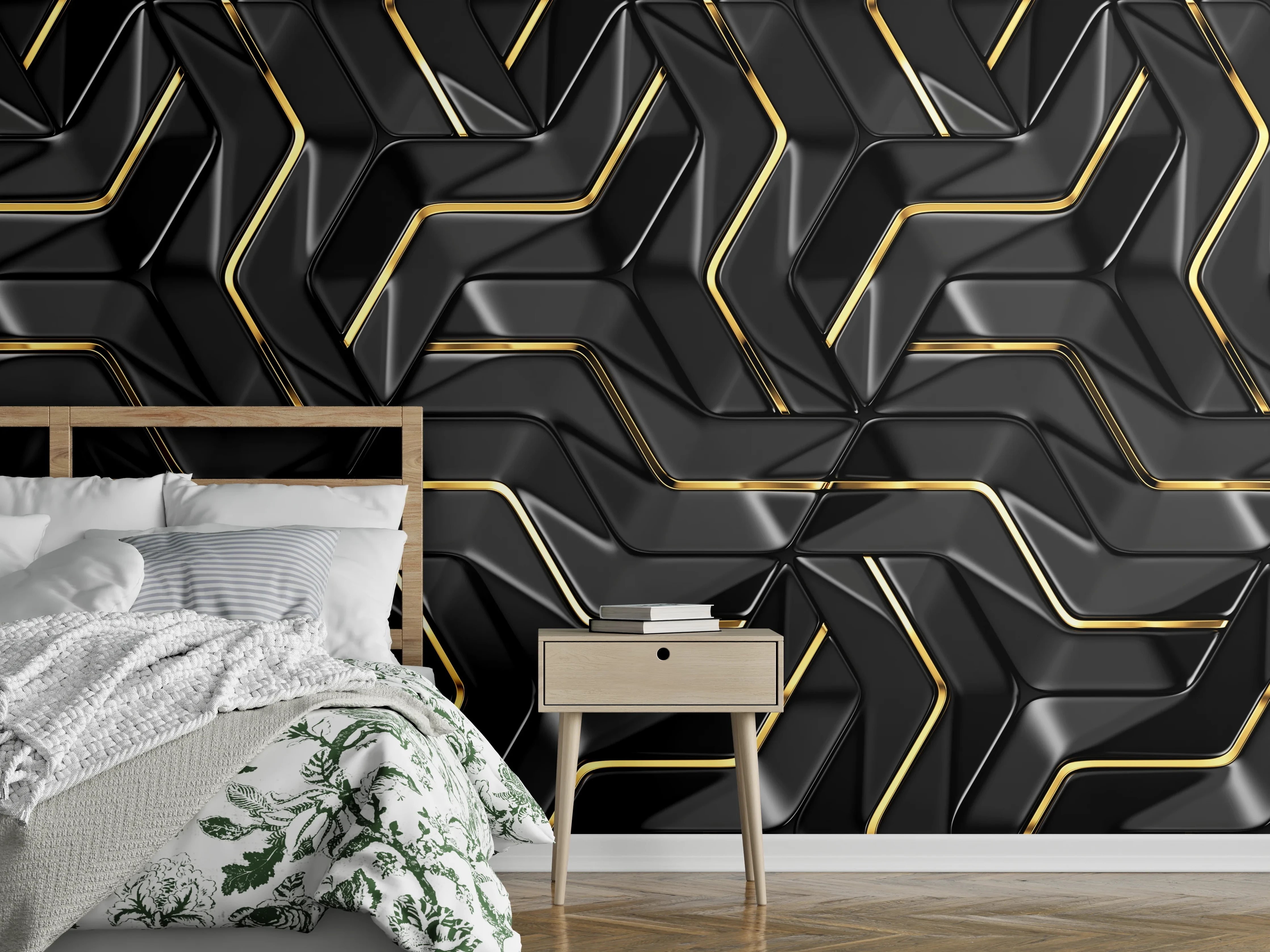 Wandverkleidung Schlafzimmer - Moderne Wandtextur - schwarz-gold
