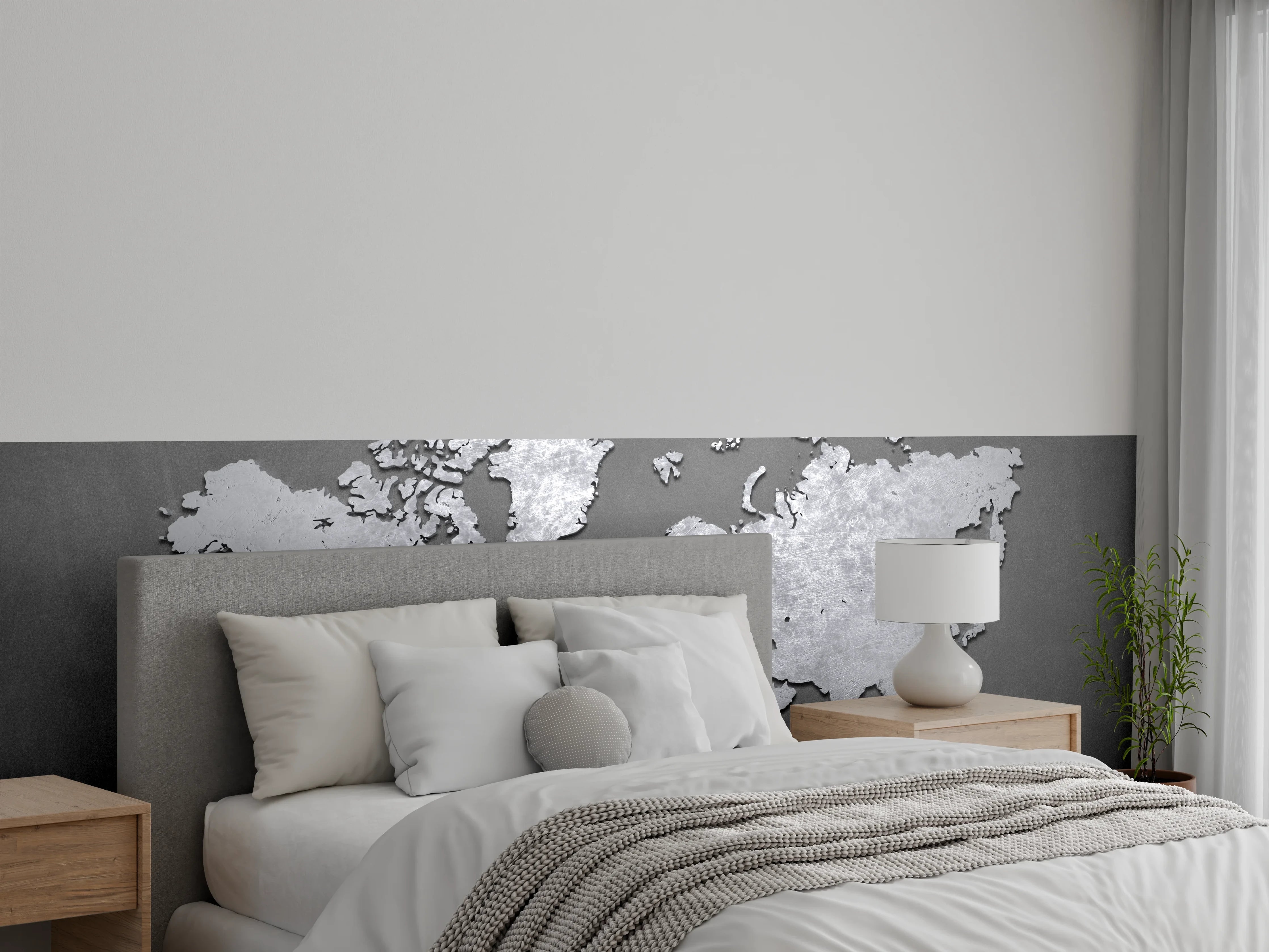 Wandverkleidung Schlafzimmer - Moderne Weltkarte aus Metall auf grauem Hintergrund