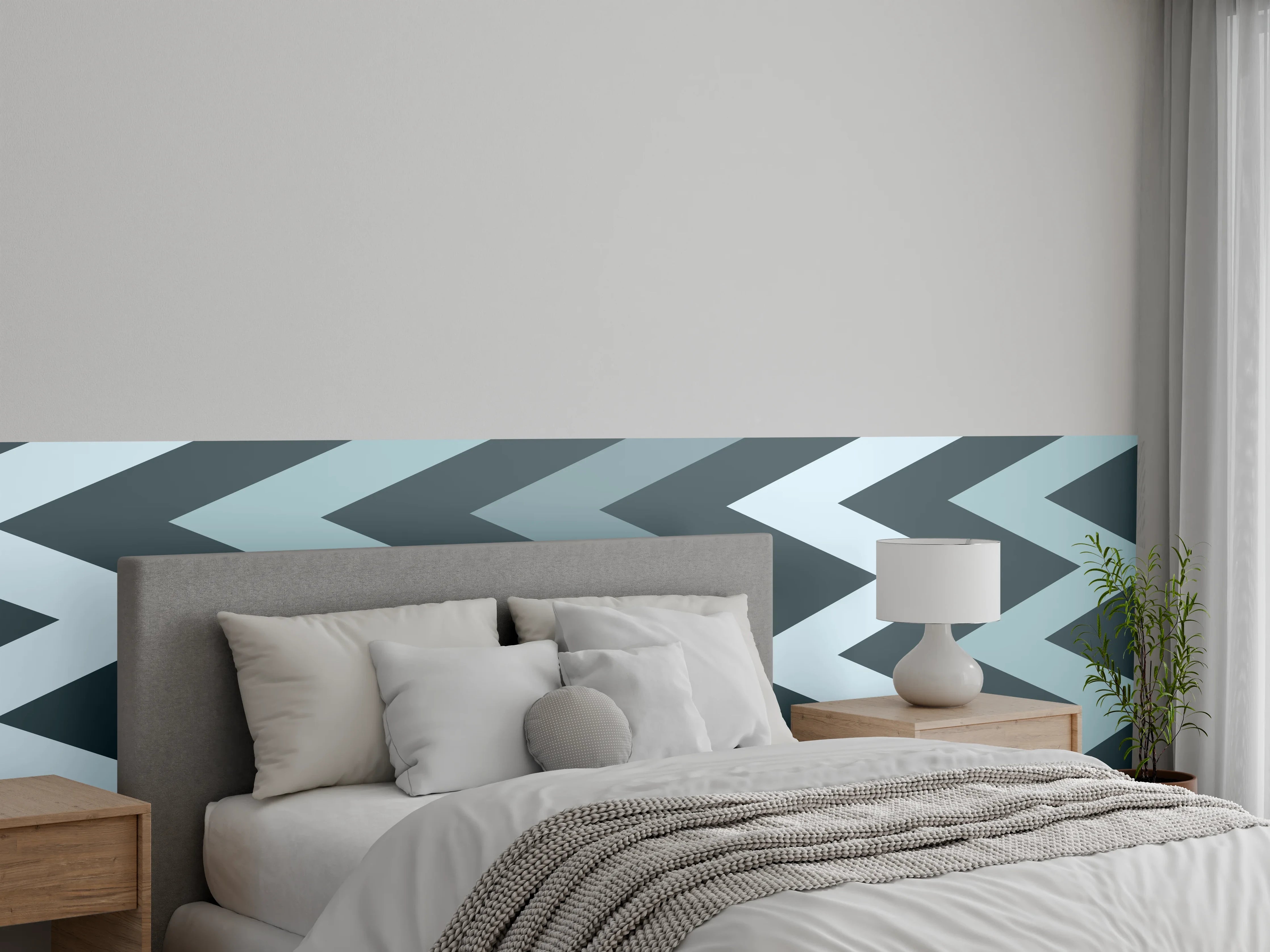 Wandverkleidung Schlafzimmer - Moderne geometrische Muster in Grau-Blau