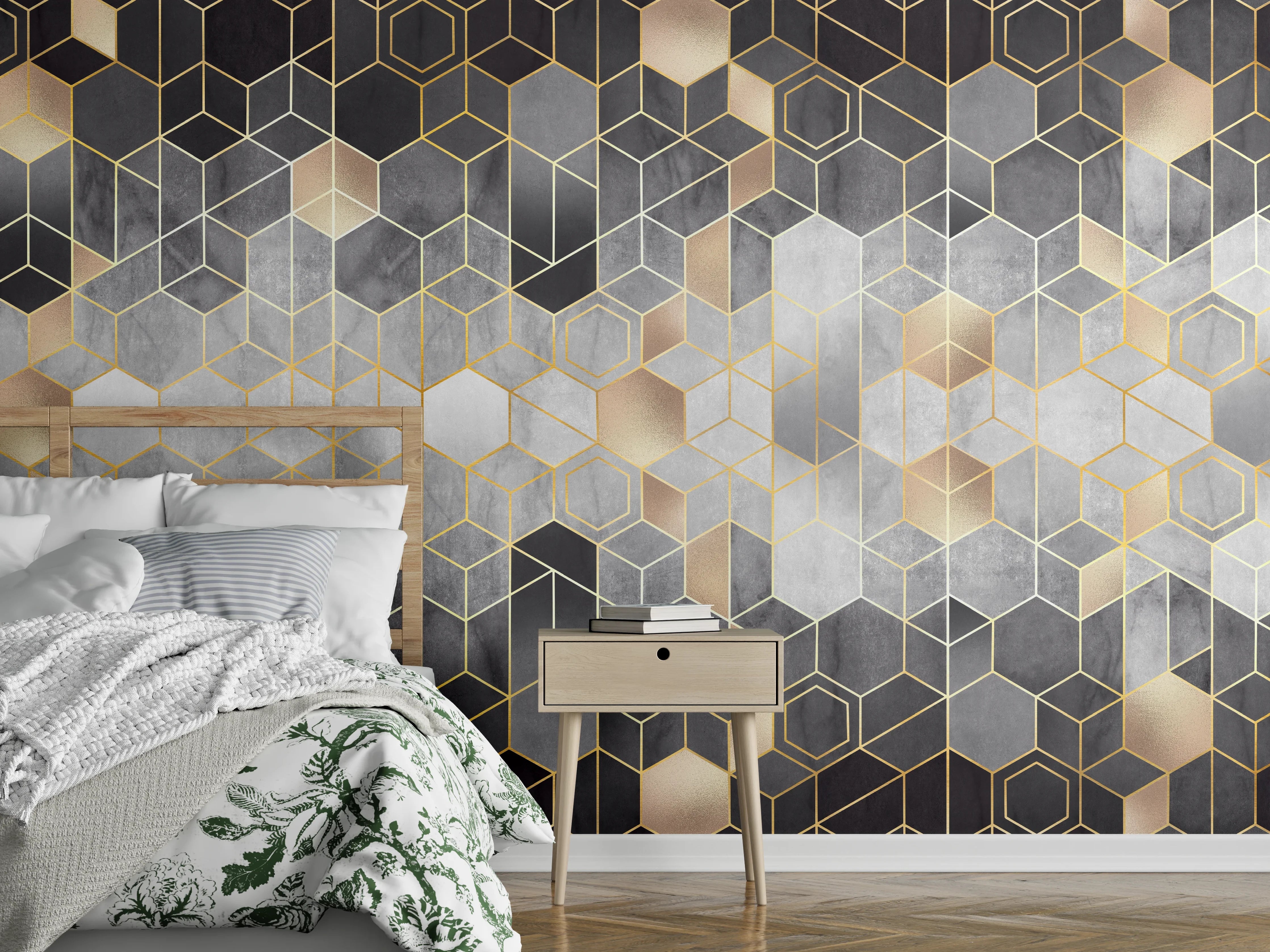 Wandverkleidung Schlafzimmer - Moderne geometrische Muster in Metallic-Tönen